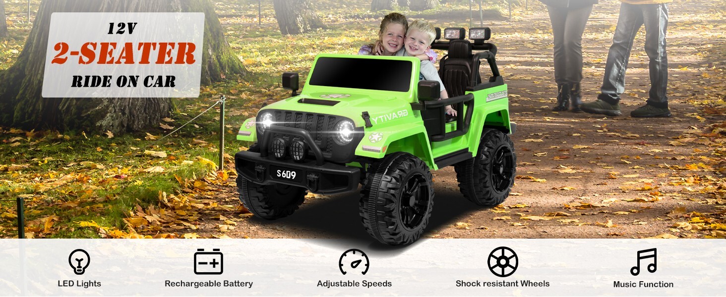 ZEOPHOL Ride On Truck Jeep 12V Electric Kids Toys Car 2 Seater 3 Speeds Green