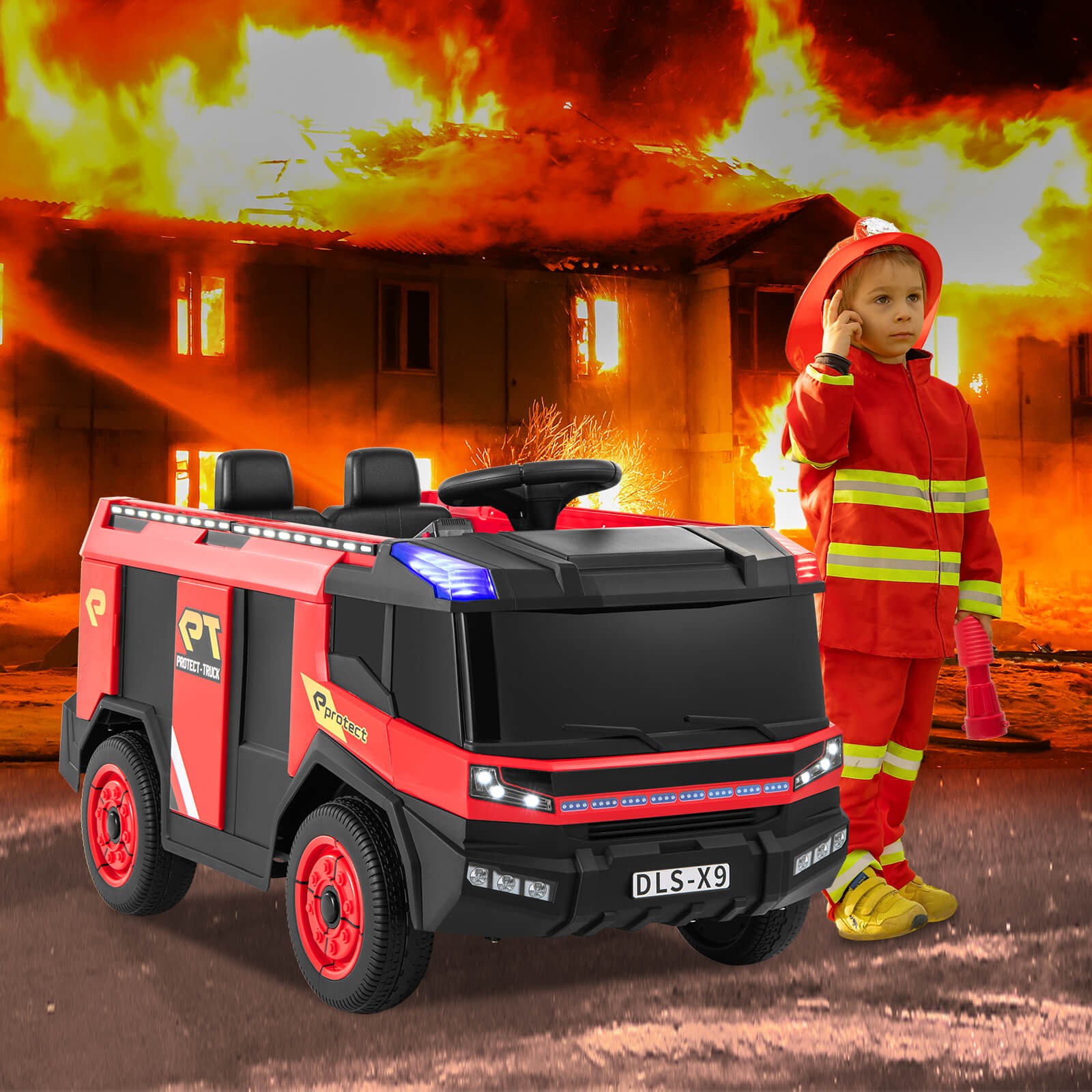 2-Seater Kids Ride on Fire Truck w/Remote Control Water Gun Extinguisher Shovel