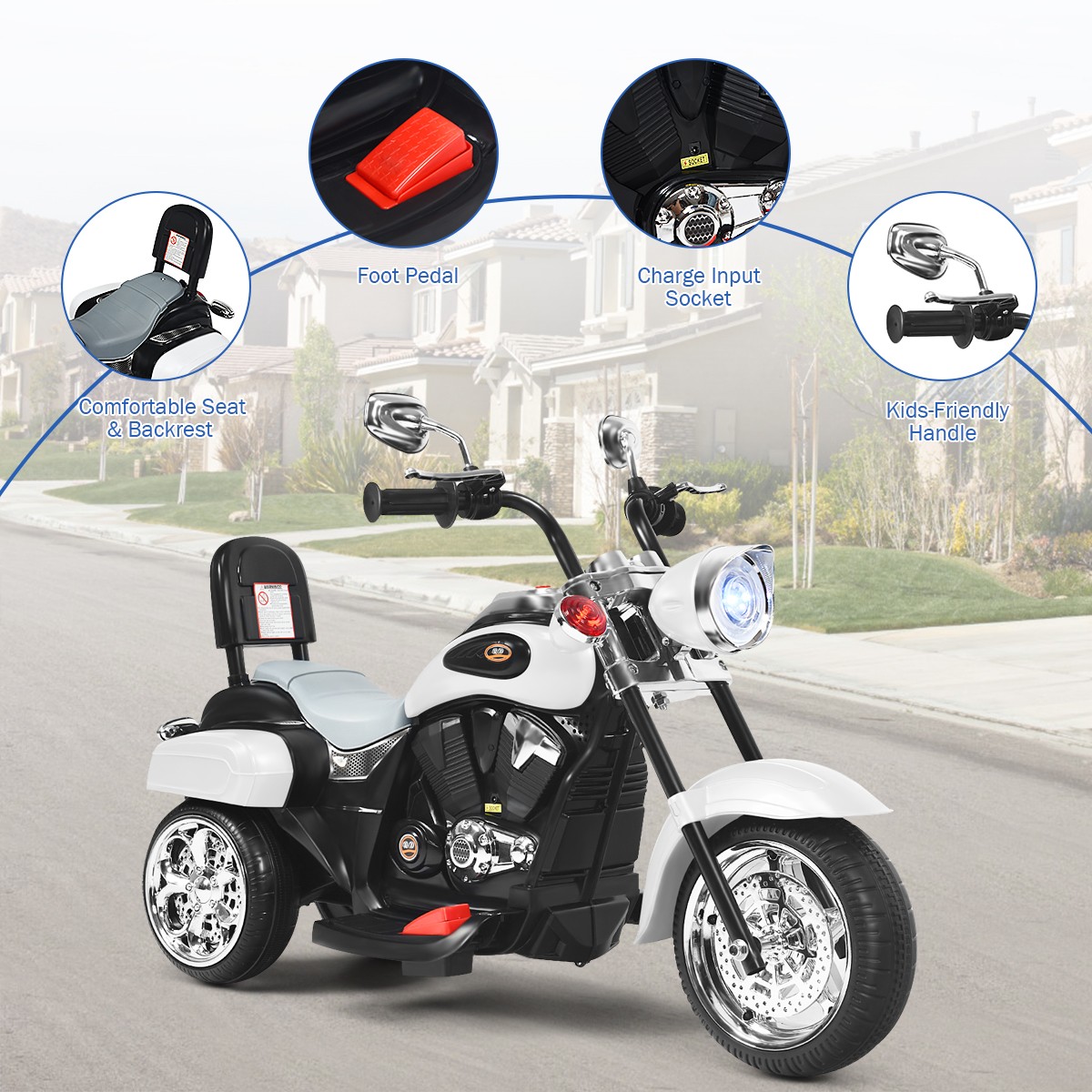 6V Kids Ride On Chopper Motorcycle 3 Wheel Trike with Headlight and Horn White