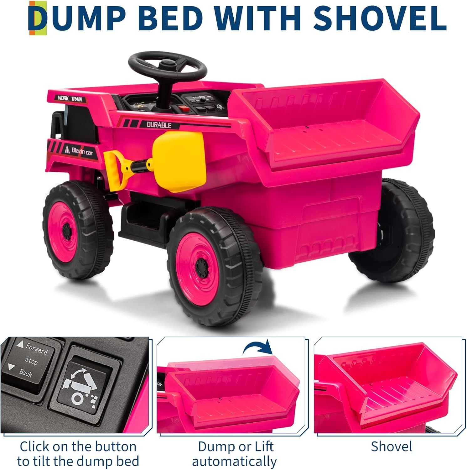 12V Ride On Dump Truck w/ Remote, Auto-Dump Bed, Shovel & Music for Kids 3-8