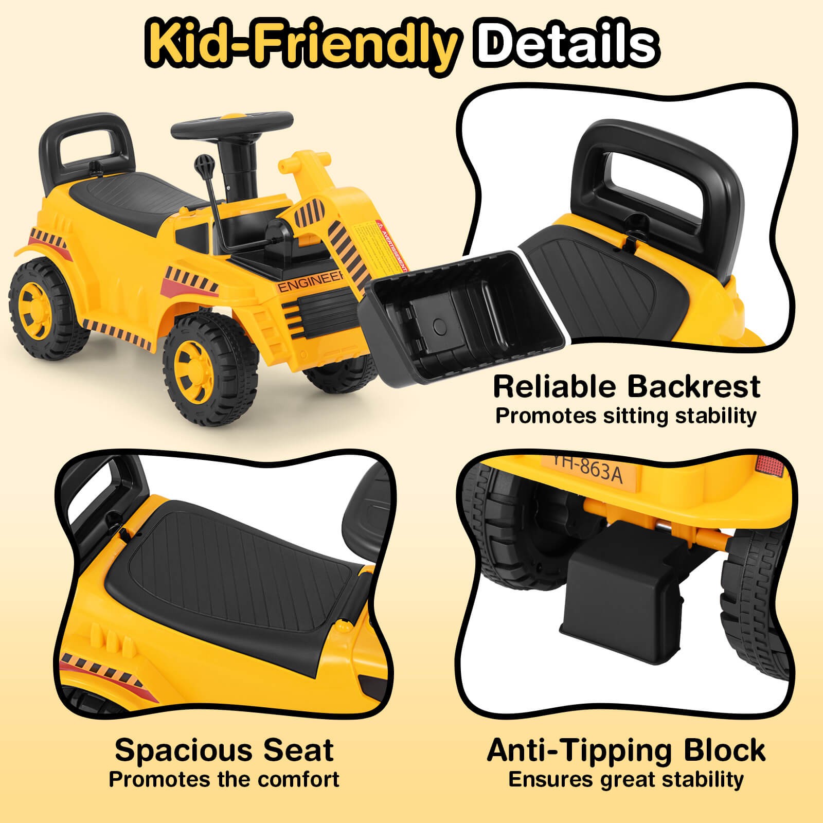 Kids Ride on Bulldozer w/Adjustable Bucket Engine Sound Excavator Digger Toy