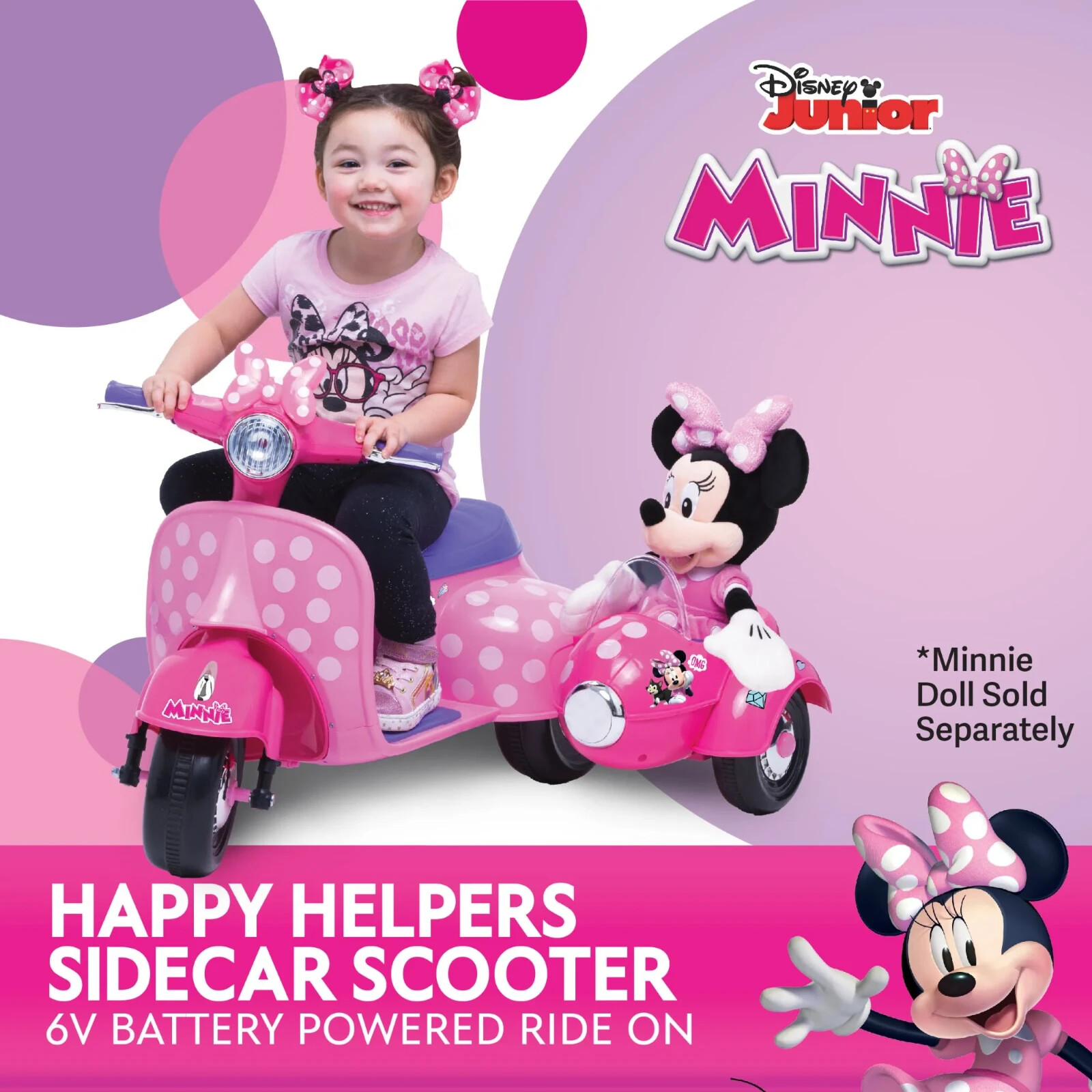 Minnie Mouse Battery-Powered Electric Scooter w/ Side Car, 18-30 Months, Pink