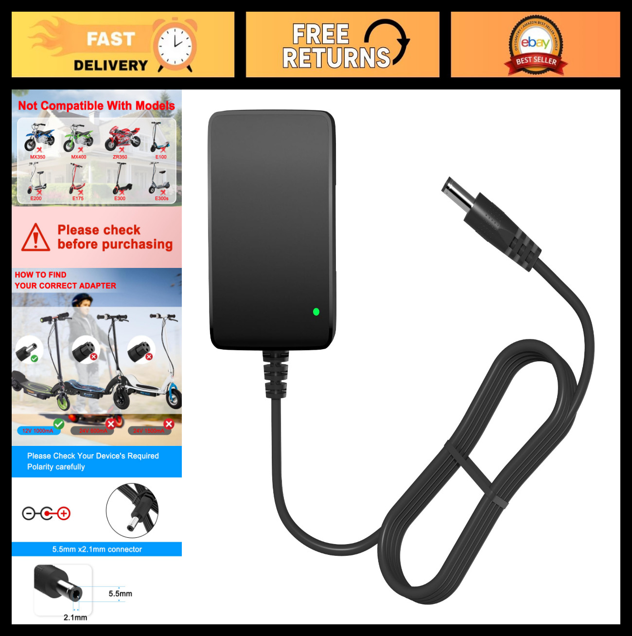 12V Battery Charger for Kids Ride-On Toys, Compatible with Razor E90 E95 MX125