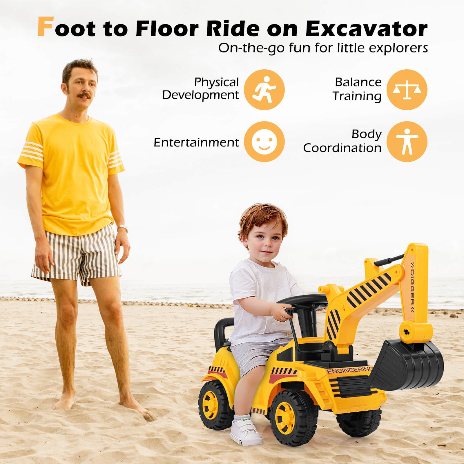 Kids Ride on Excavator w/ Adjustable Shovel Anti-Tipping Block Engine Sound