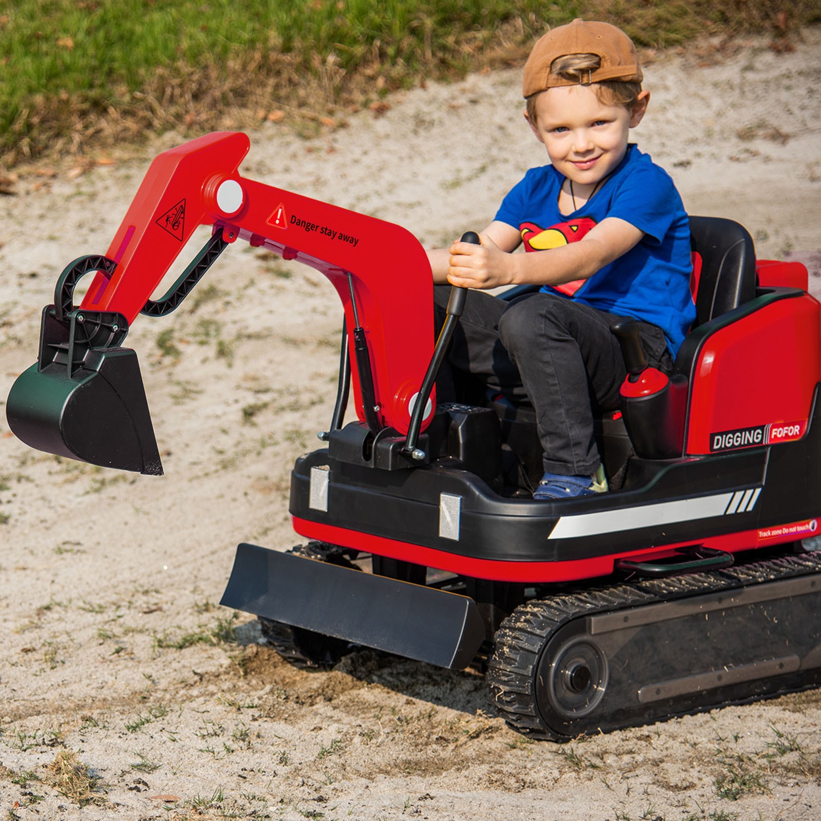 JOYLDIAS Red 360° 12V Battery Kids Ride On Excavator & Bulldozer w/MP3,Remote