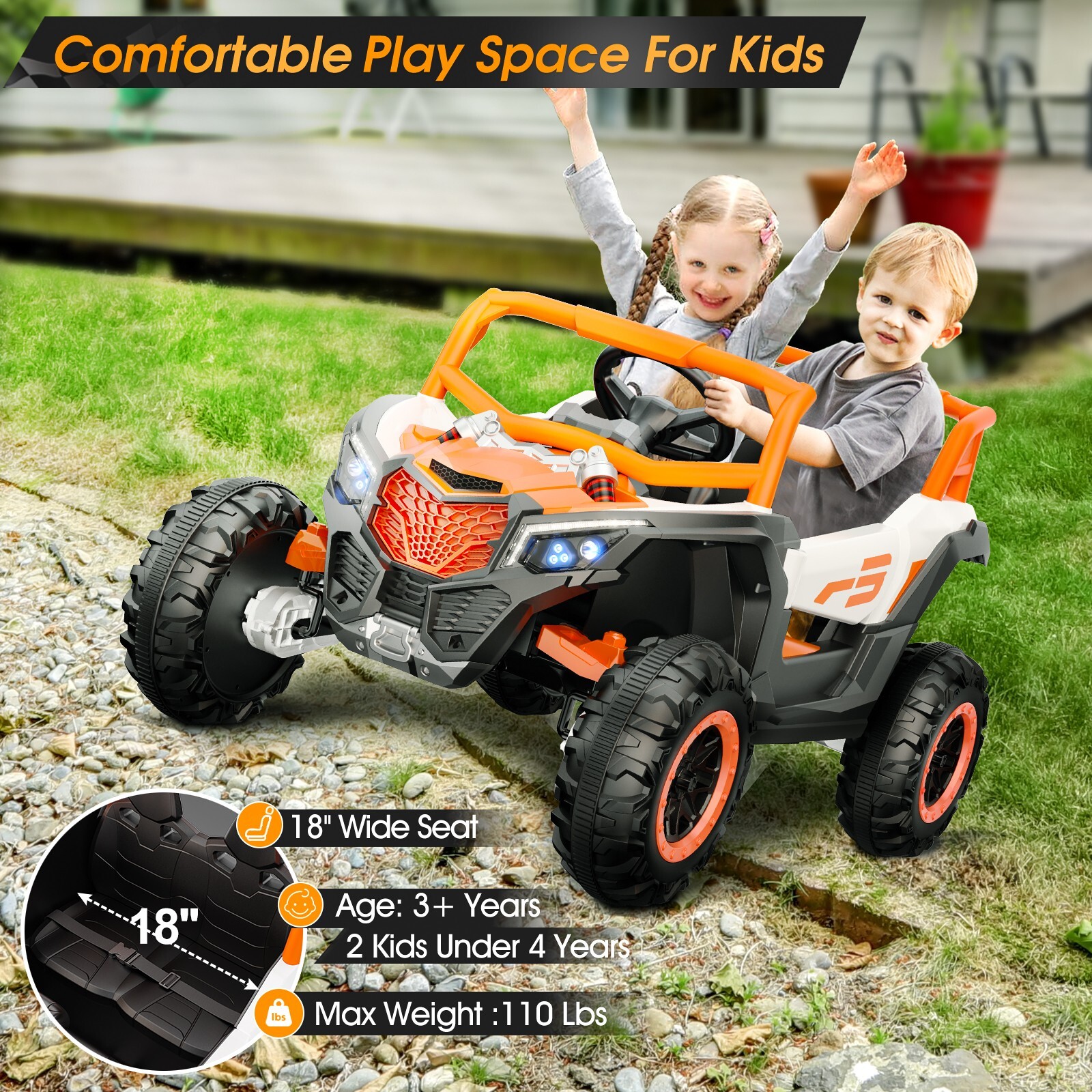 24V children’s ride with remote control, 2-seater toy UTV, Bluetooth, LED lights