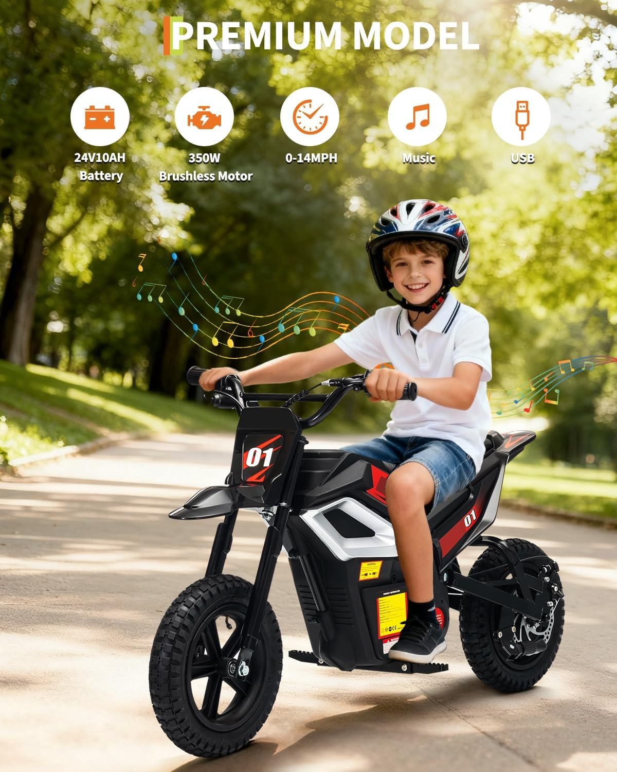 24V 350W Kids Electric Dirt Bike, 13.67 MPH, 12-Mile Range with Rear Suspension