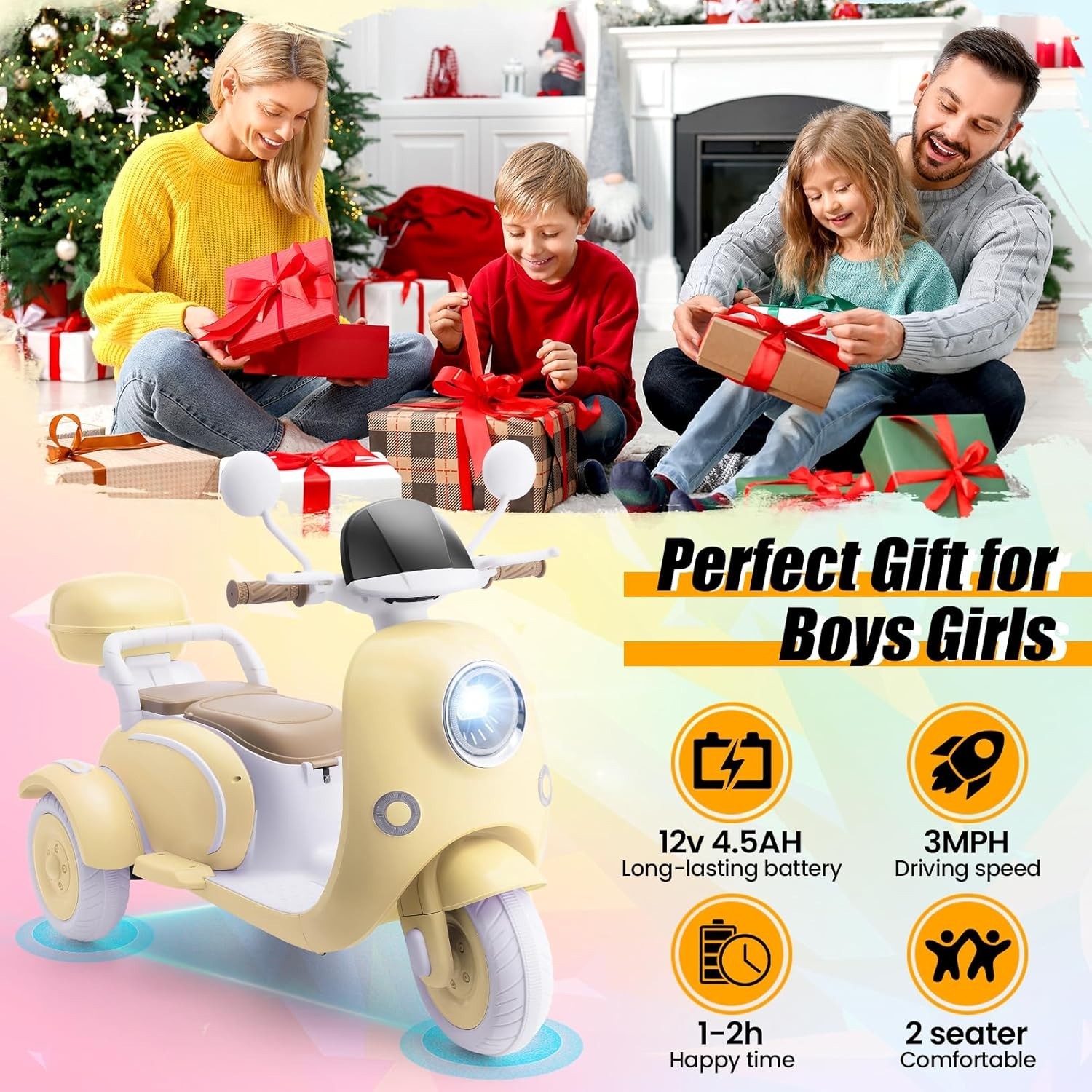 2 Seater Kids Electric Motorcycle 3 Wheels Moped 12V Dual Motor Ideal Kids Gift*