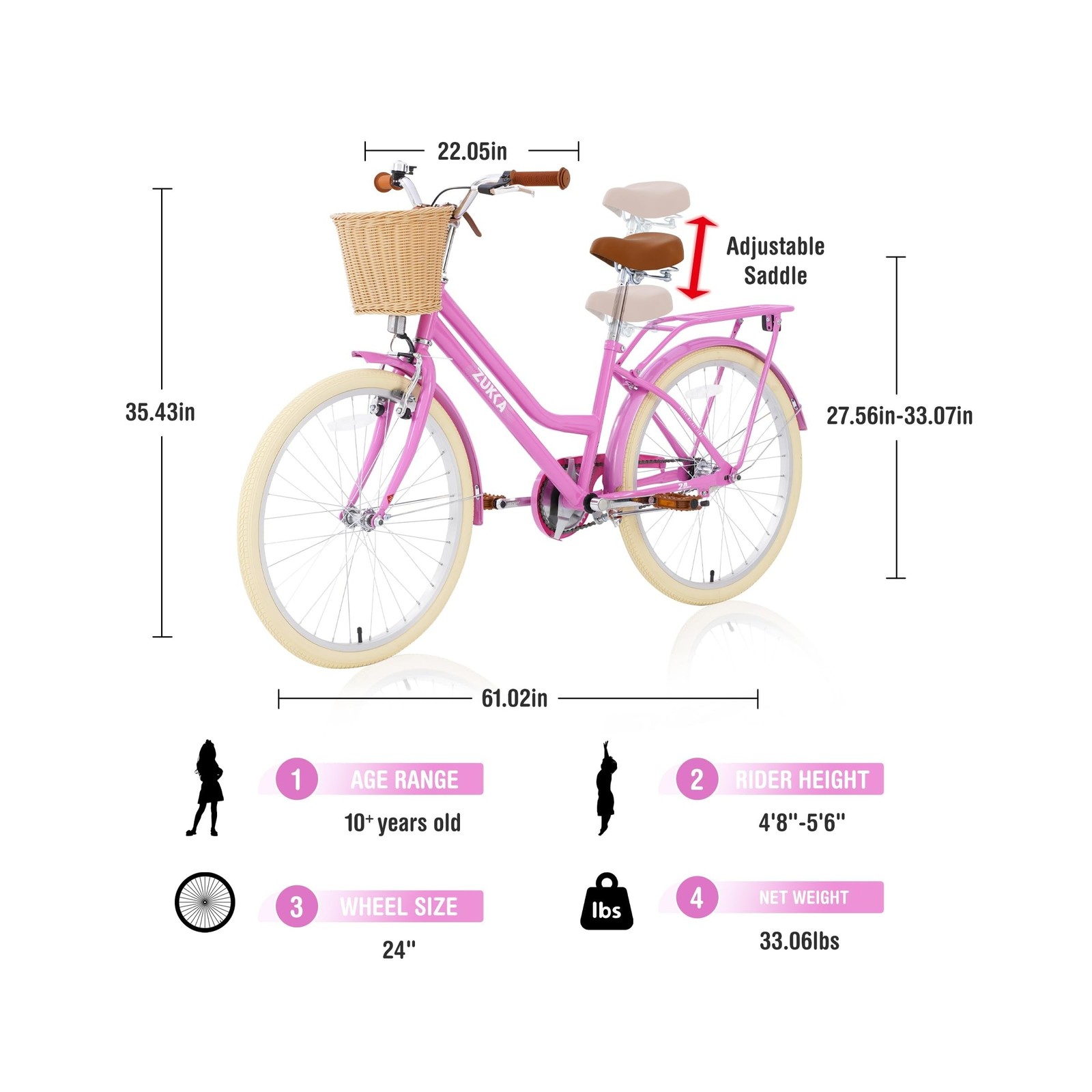 ZUKKA Kids Bike 20/24 Inch Girls Bike with Basket Single Speed Crusier Bike F…