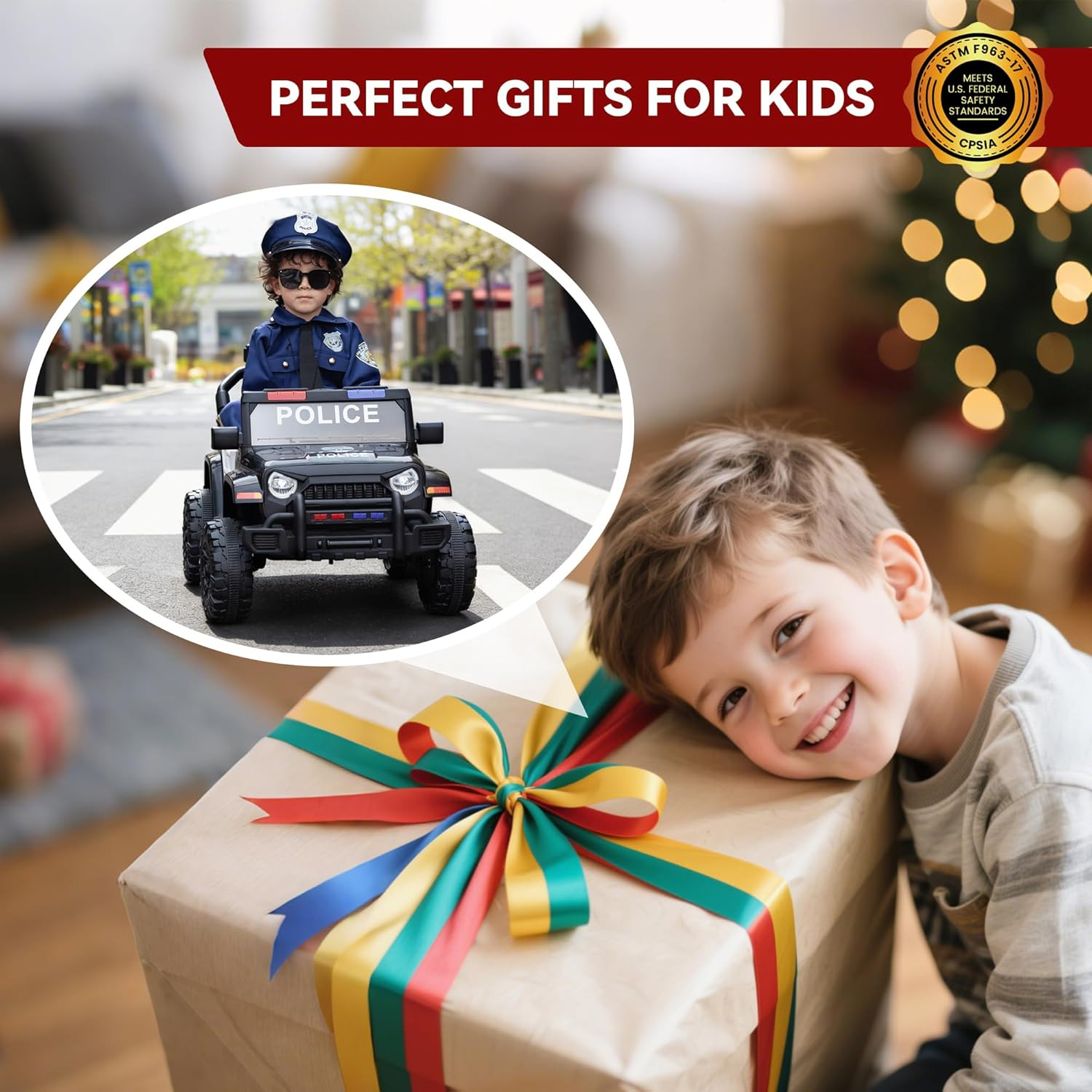 Electric Cars for Kids 12V Police Car Ride on Toy with Remote Control 4 Wheels B