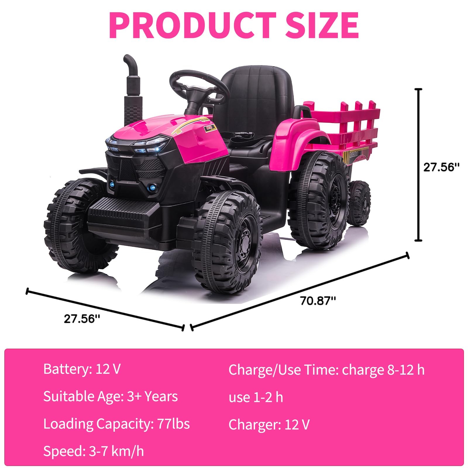 12V Electric Tractor with Detachable Trailer, Toddler Ride On Car/7-LED Headligh
