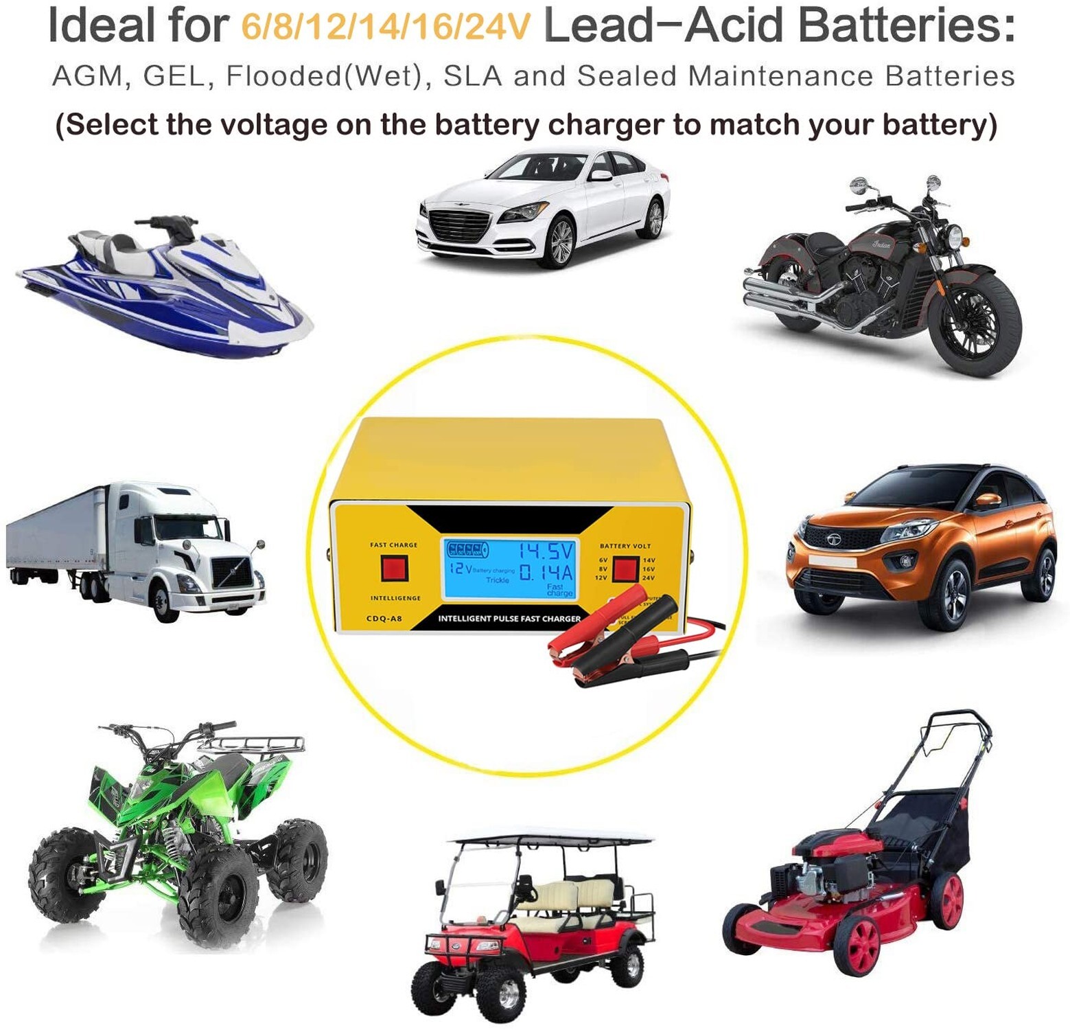 Car Battery Charger Automatic, 6/8/12/14/16/24V Adjustable Voltage Battery Ch…