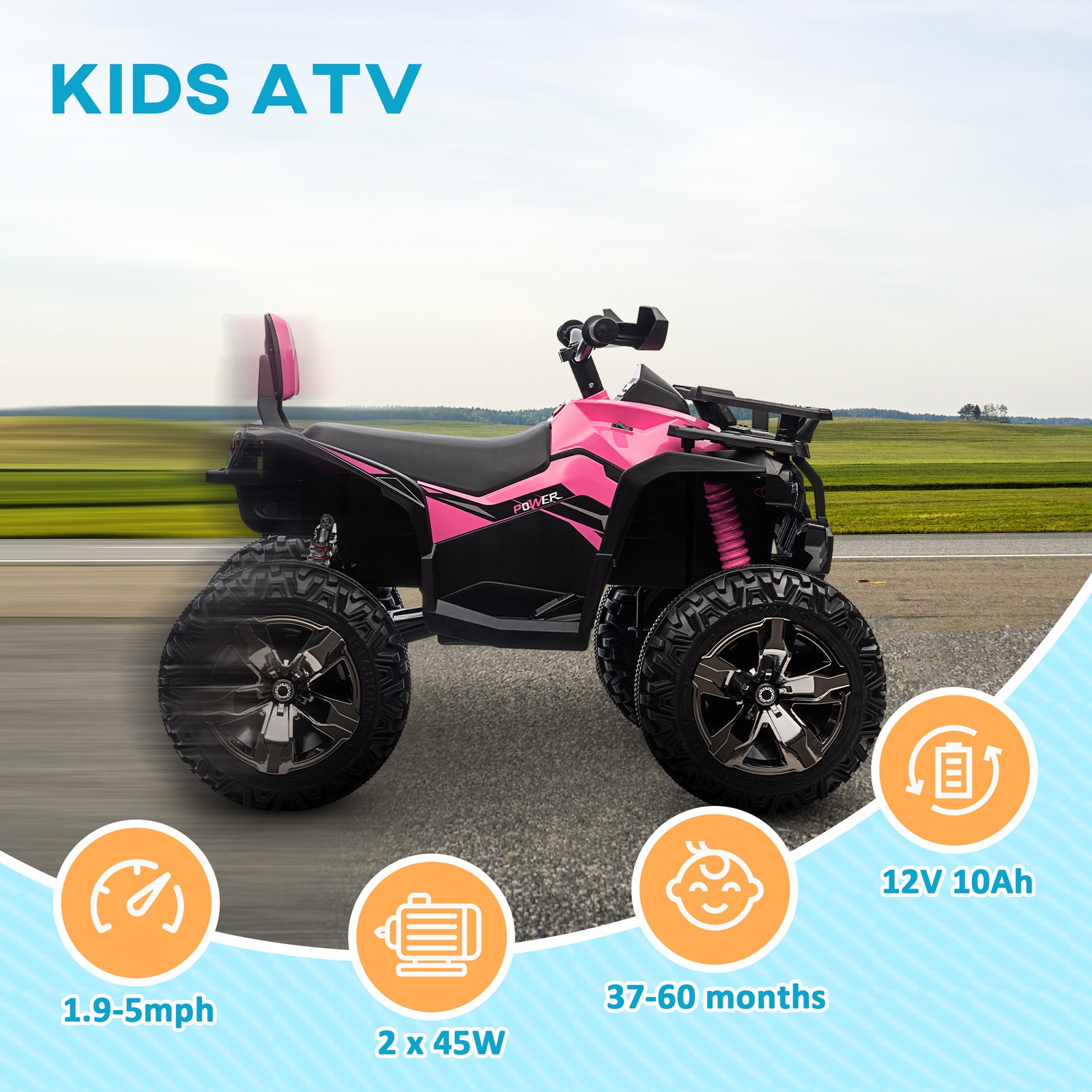 12V Kids ATV Quad Car Toy with Music & Headlights, Pink