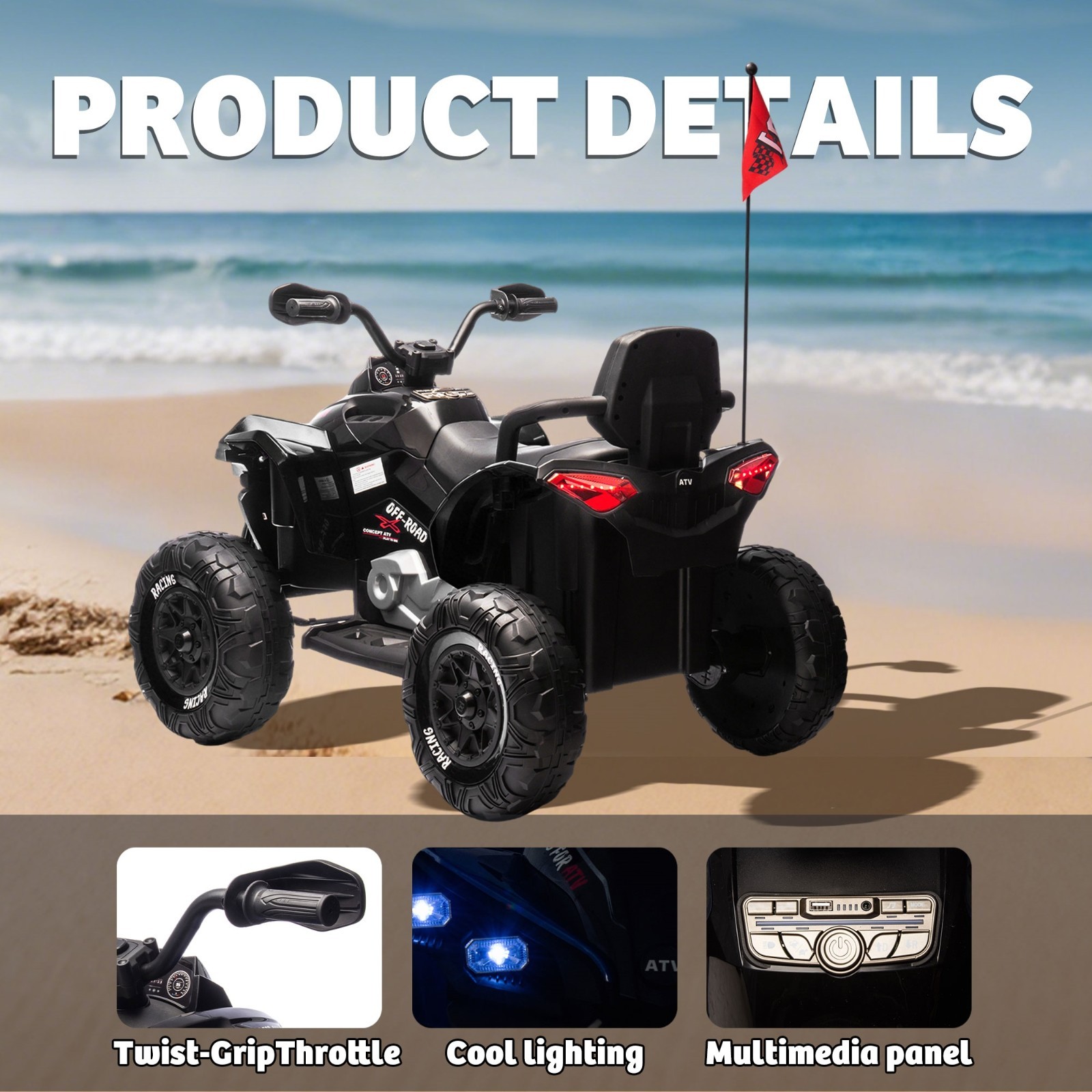 24V Kids Electric ATV Ride On Car W/Remote,LED,Battery Power Wheels Toys,Black