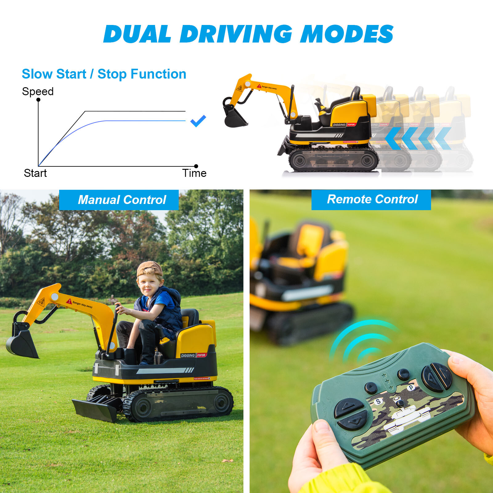 2IN1 12V 360° Kids Yellow Ride on Traxcavator Excavator Toys with RC
