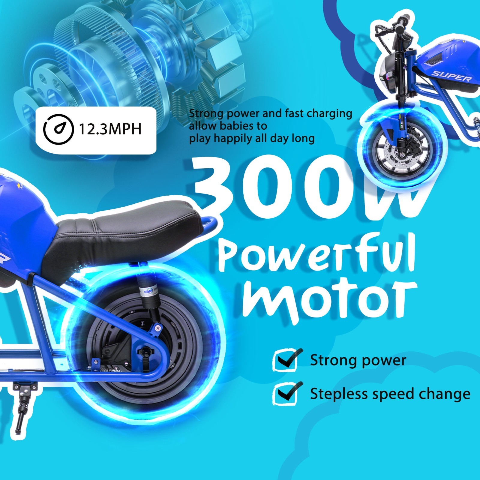 24V Kids Electric Motorcycle w/14in EVA Wheels, 300W Motor for Kids 6+,Blue