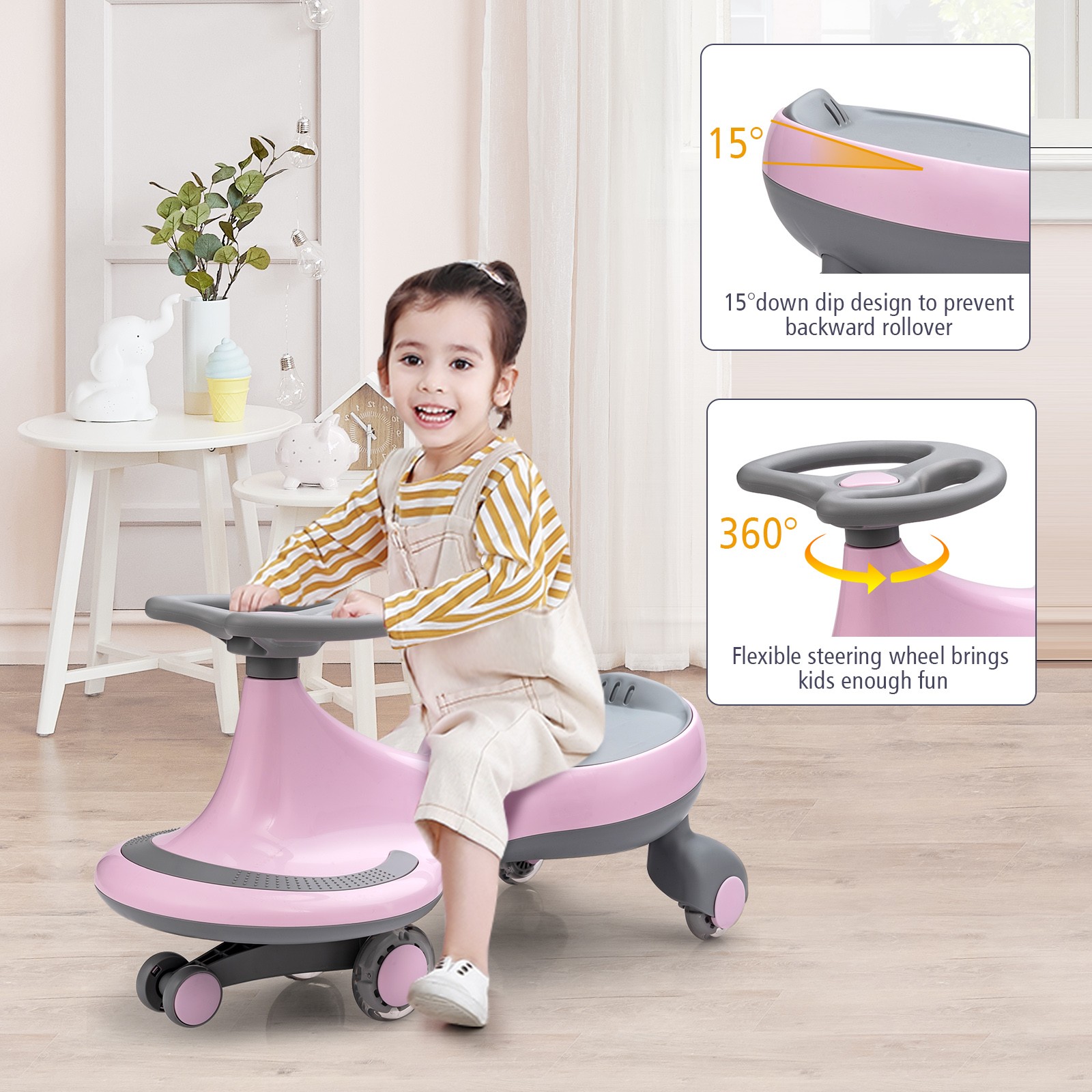 Babyjoy Wiggle Car Ride-on Toy w/ Flashing Wheels for Toddlers & Kids Pink