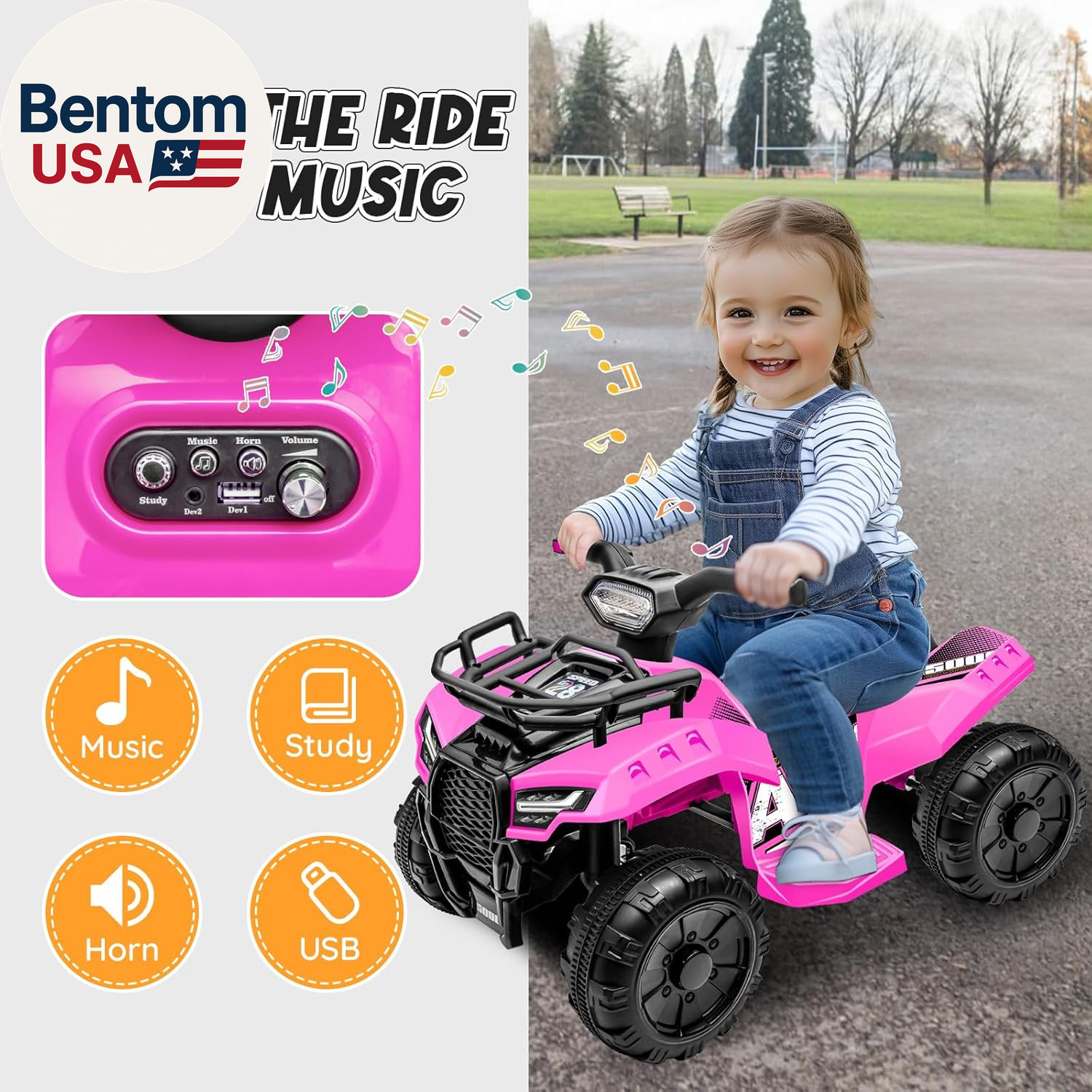 6V ATV for Kids, 4 Wheeler for Toddlers with Music, Horn, Lights, 1.2Mph Max Spe