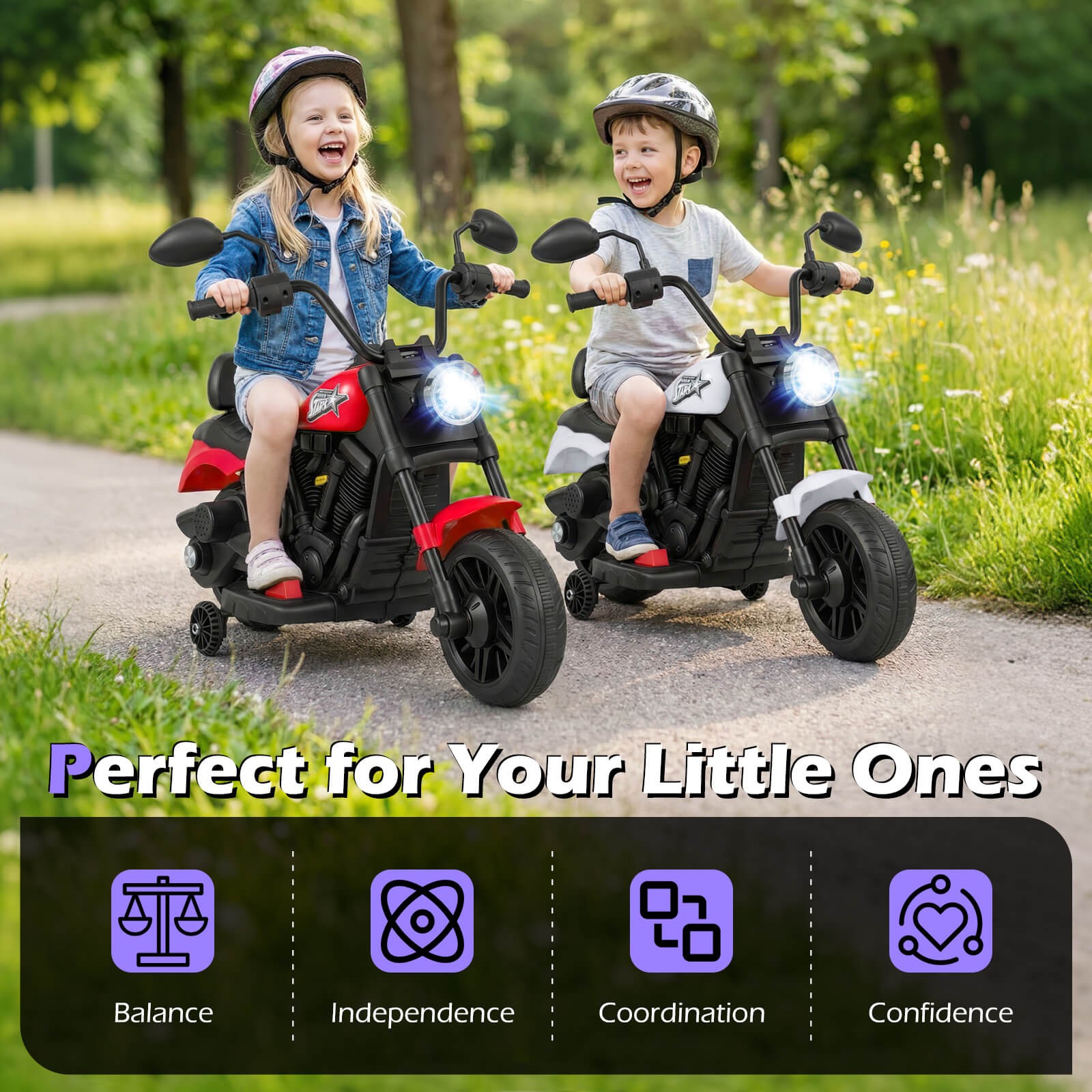 Kids Motorcycle w/Headlight, Music, Training Wheels, Foot Pedal for Boys Girls