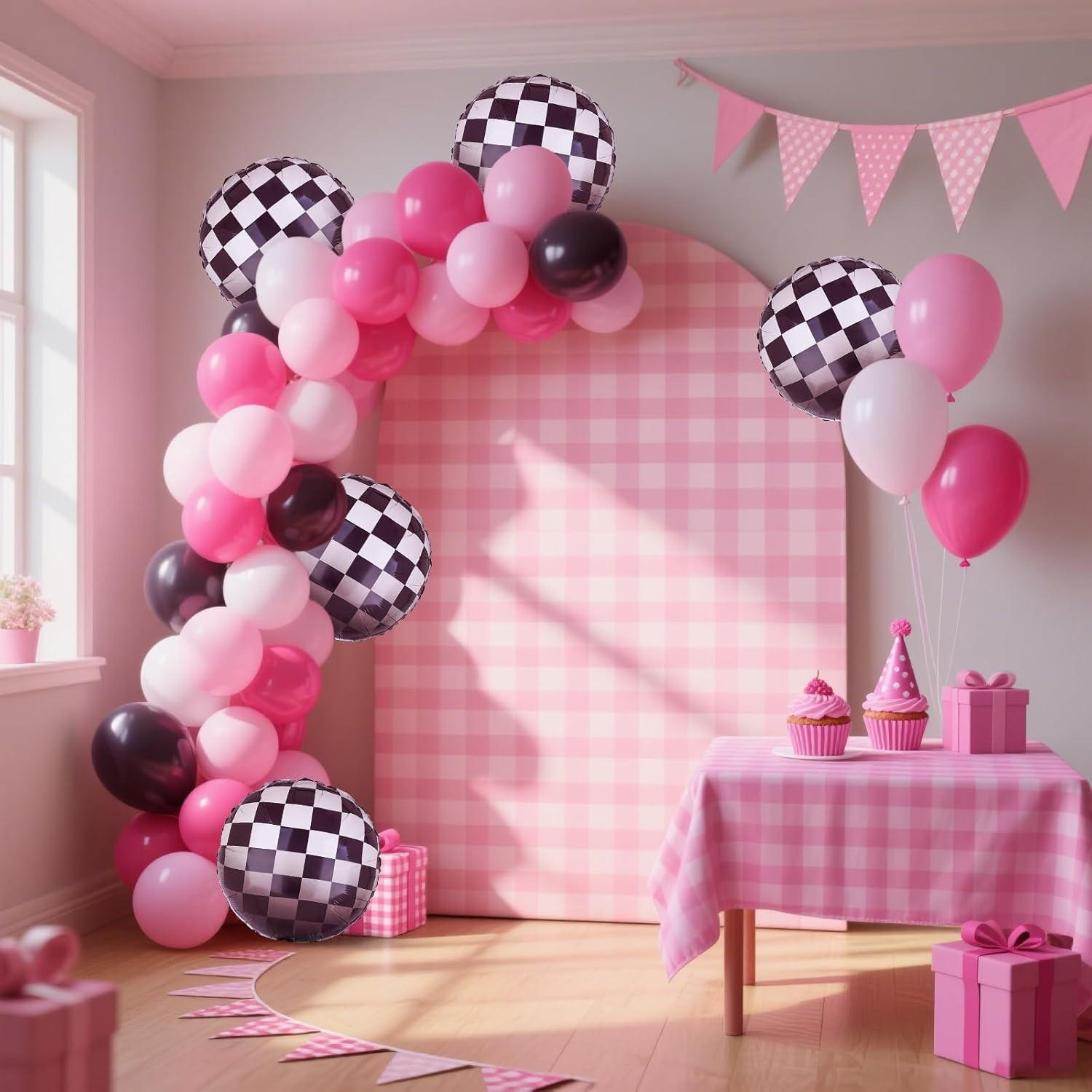 Race Car Balloon Bundle Pink Black Checkered Balloons Latex Balloon Girls One Ha
