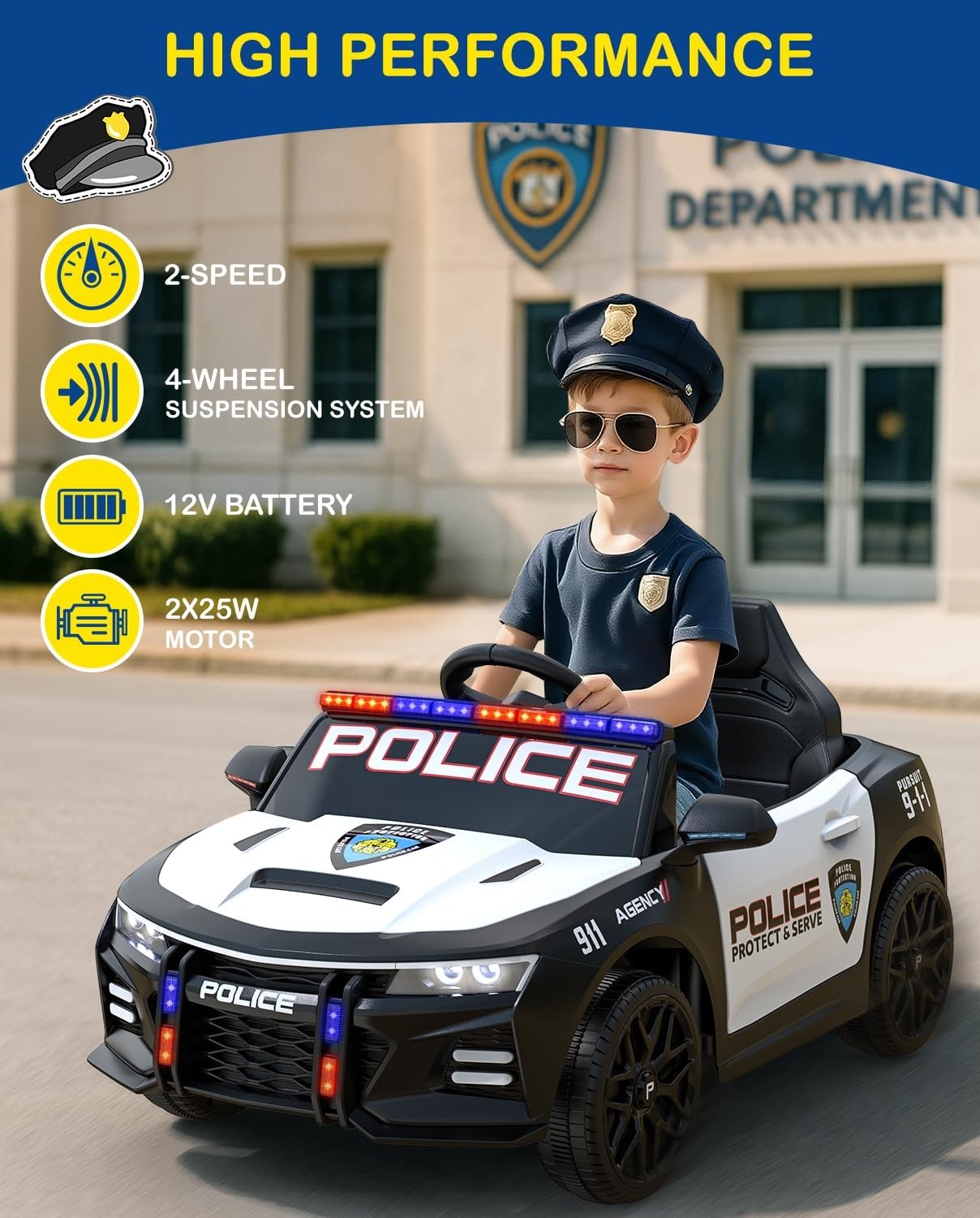 Police Car Ride on Electric Car for Kids to Drive Battery Powered Ride-On Toys C