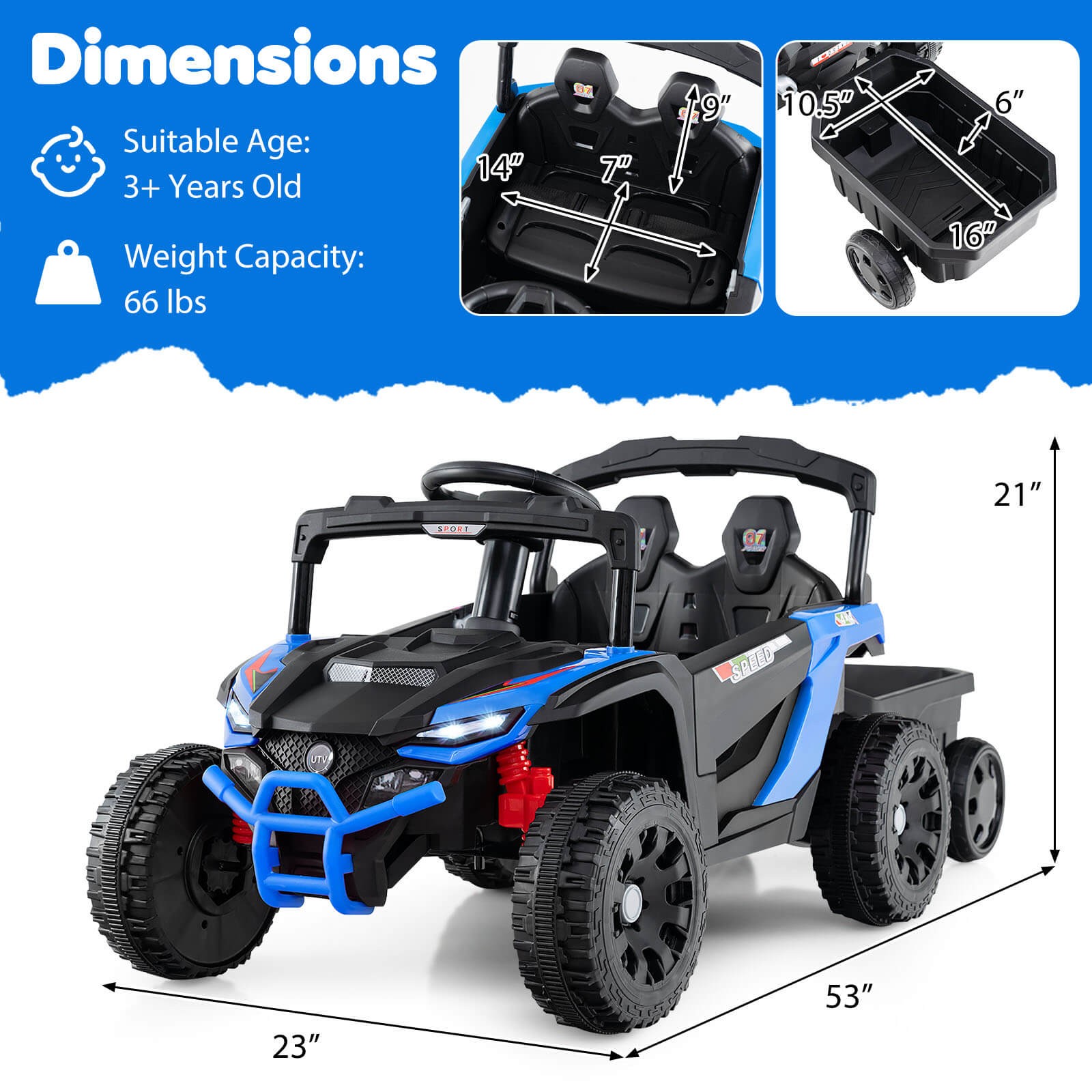 12V Kids Ride On UTV w/Detachable Trailer, Remote Control, 3 Speeds, LED Lights