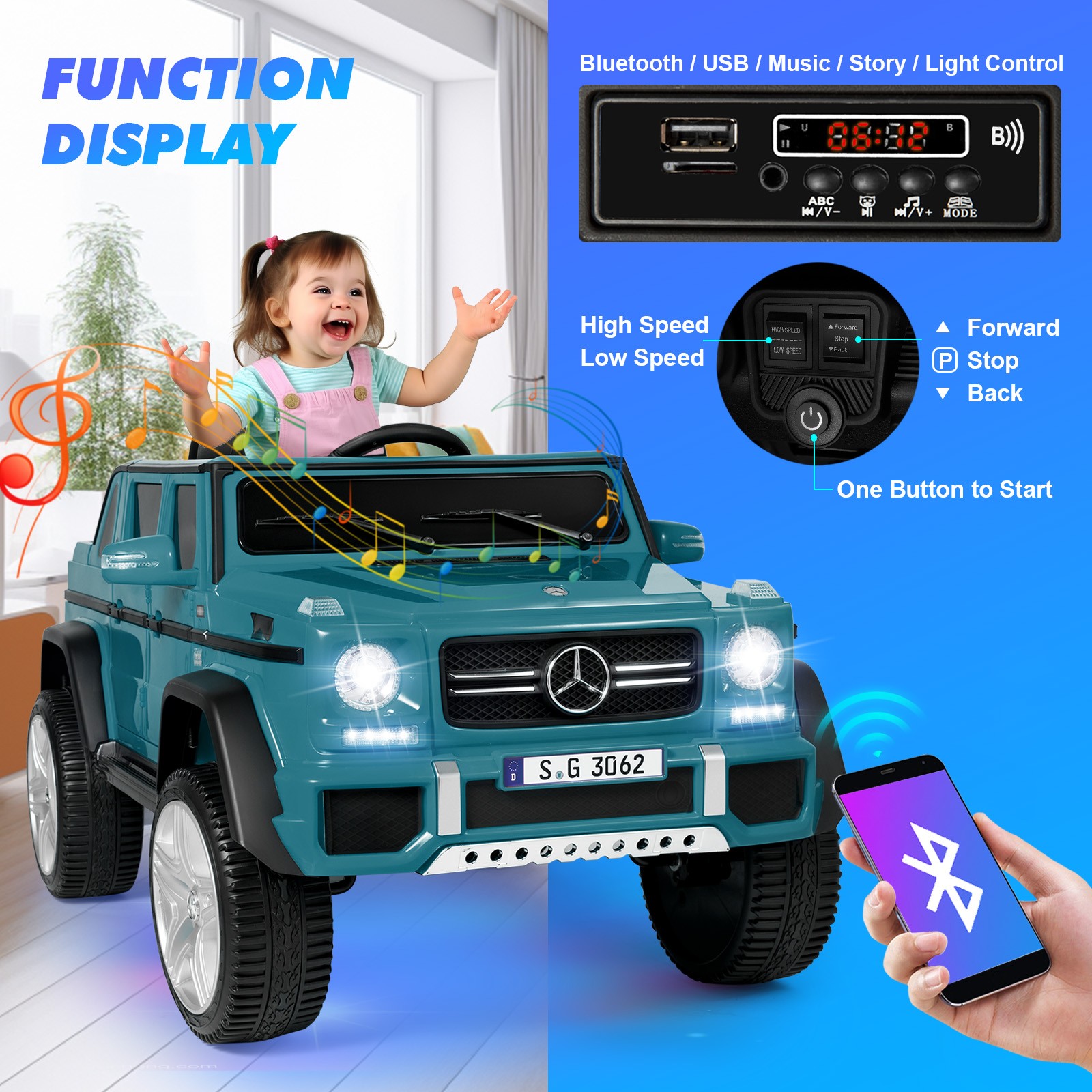 Blue 12V Battery Kids Ride On Car Electric Truck Toy Gift w/MP3+USB+Light+Remote