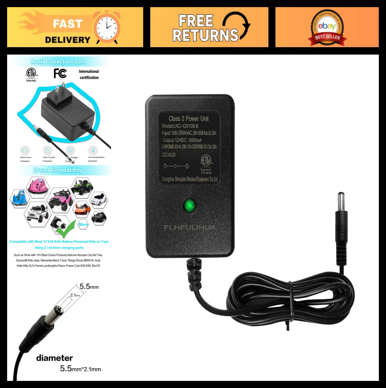 Universal 12V Battery Charger for Kids Ride-On Toys, ETL Listed, Compatible with