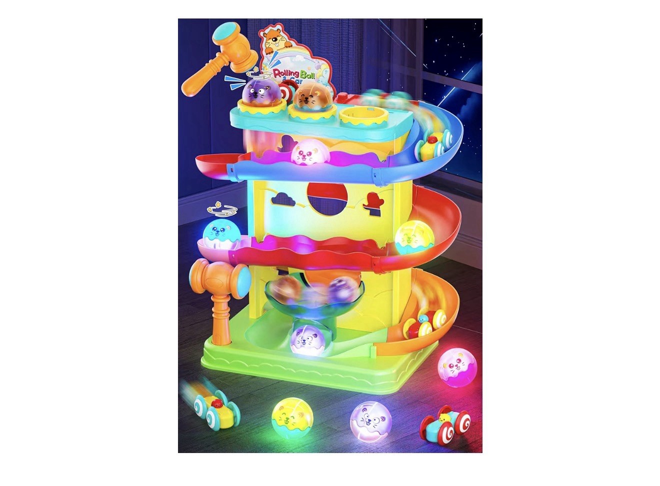 Funwee 2-in-1 Light Up Rolling Ball Car Ramp Toy Toddler Kids Age 2+ Yellow