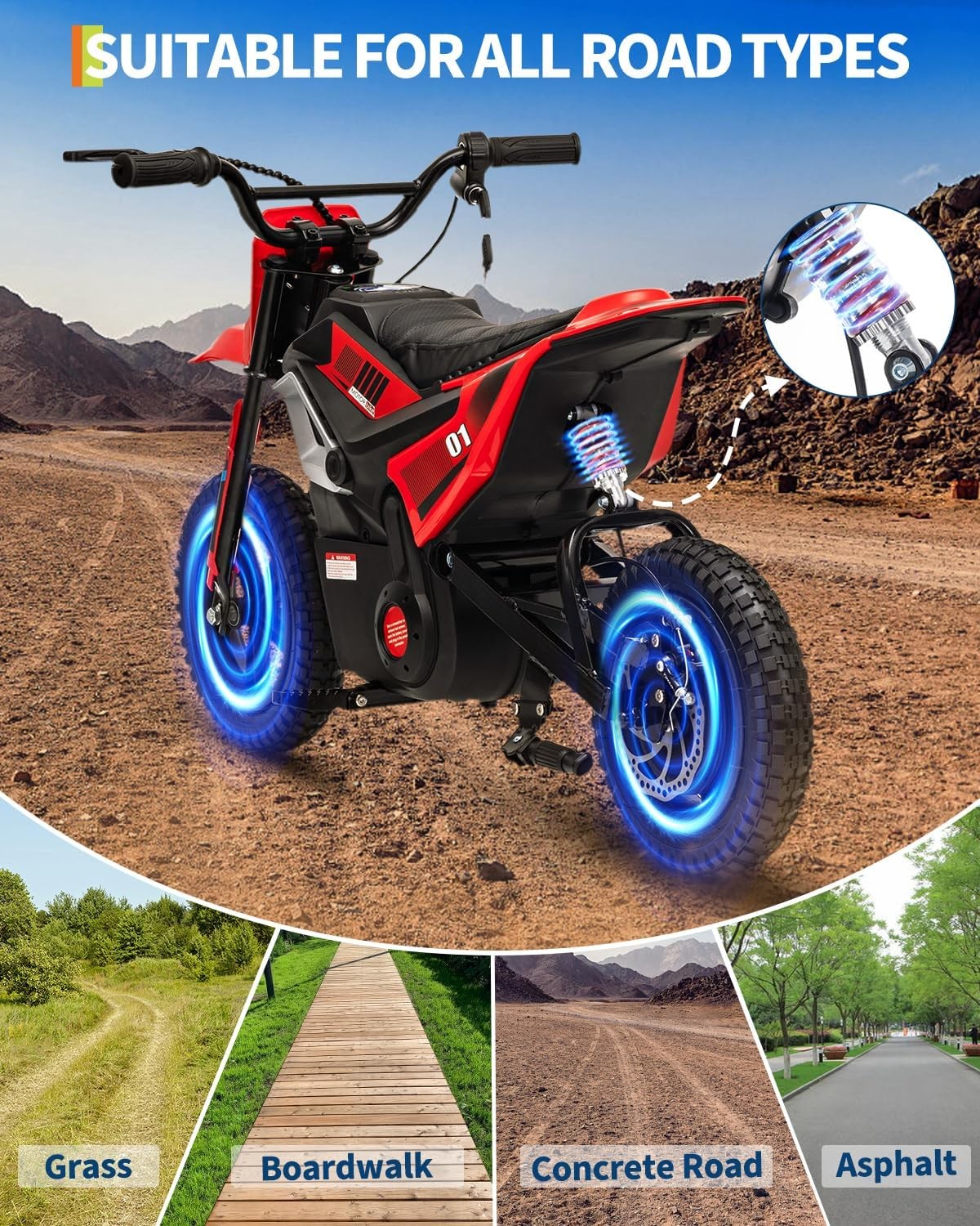24V 350W Kids Electric Dirt Bike, 13.67 MPH, 12-Mile Range with Rear Suspension