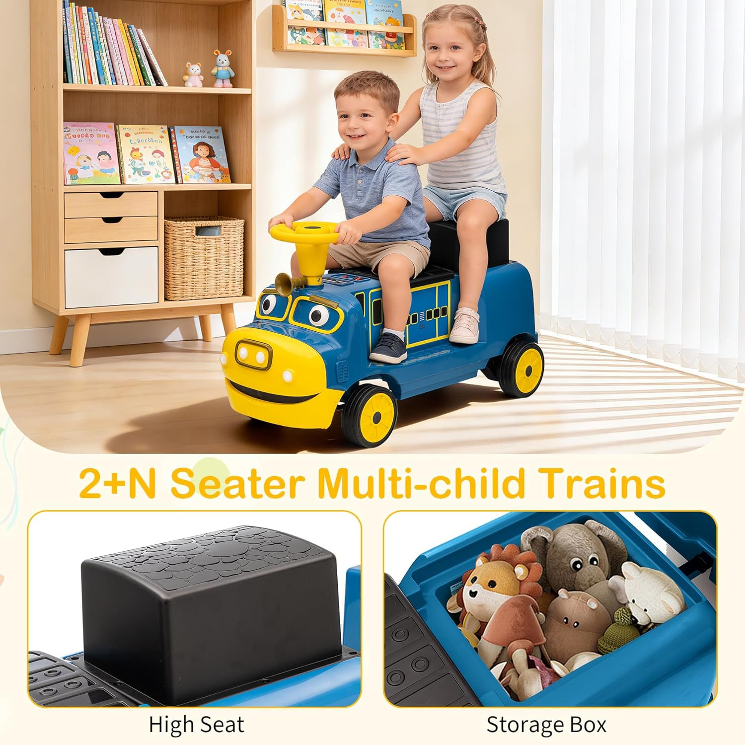 2 Seater Ride on Train Trackless, 12V Kids Ride on Toy with Height Adjustable Se