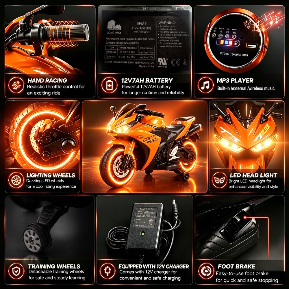 Kids 12V Electric Motorcycle with Trainning Wheels for 3-6 Years Boys Girls