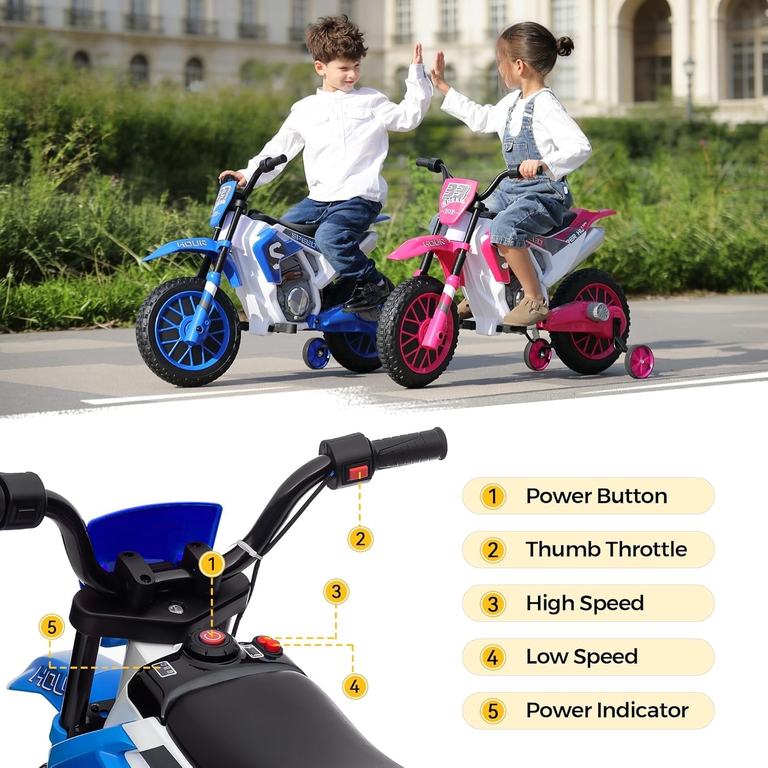 TOBB Electric 12V Blue Kids Ride On Motorcycle Bike Motorbike w/ Training Wheels