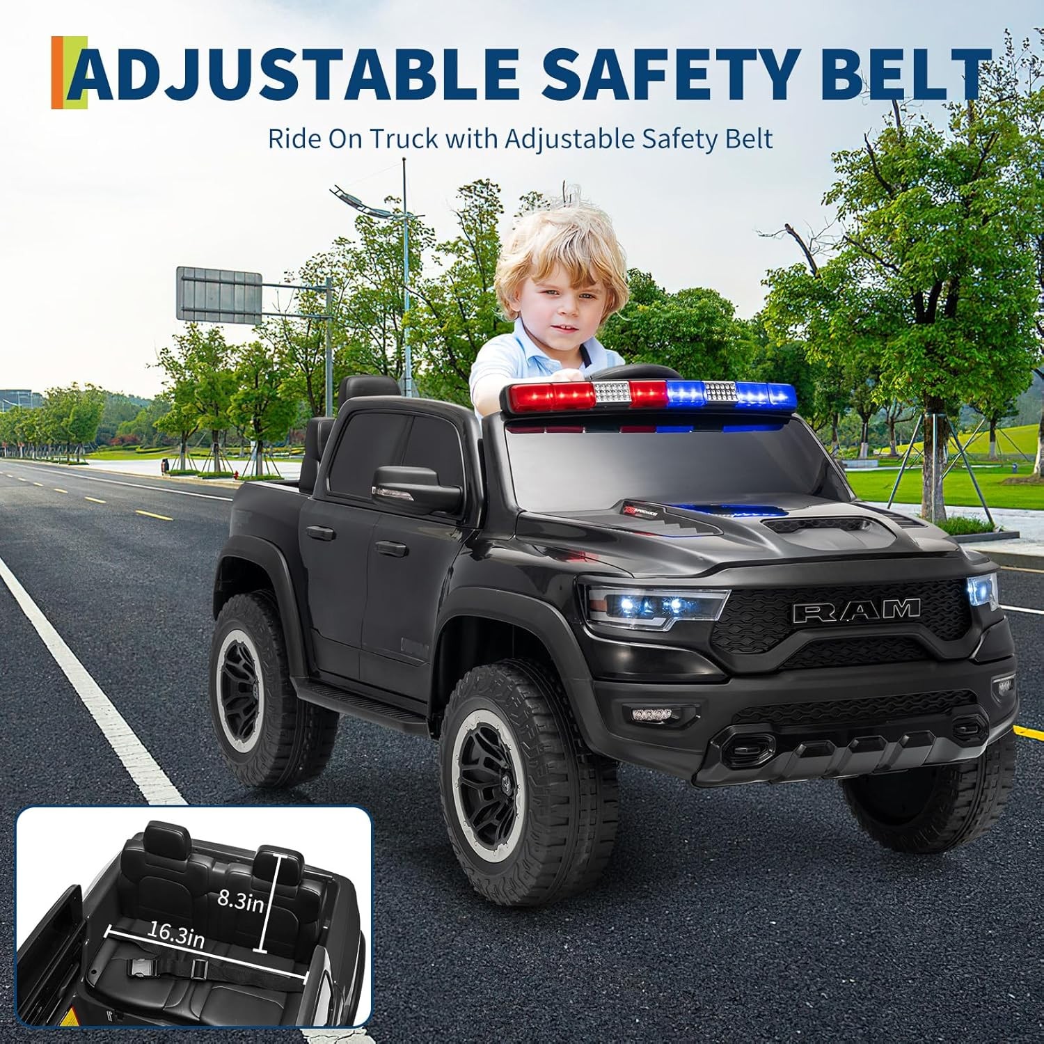 12V Kids Ride On Car with Remote Control,Electric Pickup Truck with Police Light