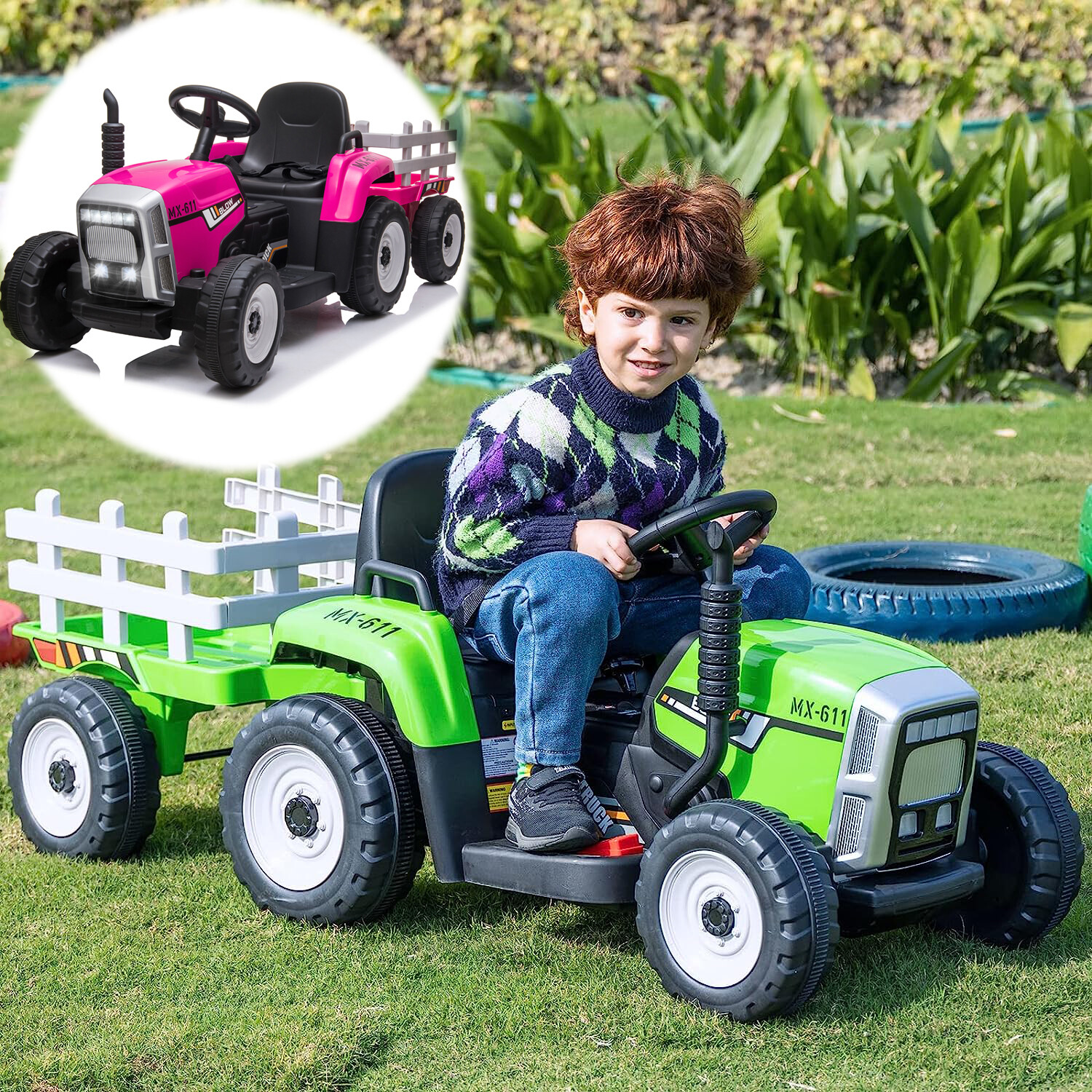 12V Kids Electric Battery-Powered Ride On Tractor Toy w/ Trailer Remote Control