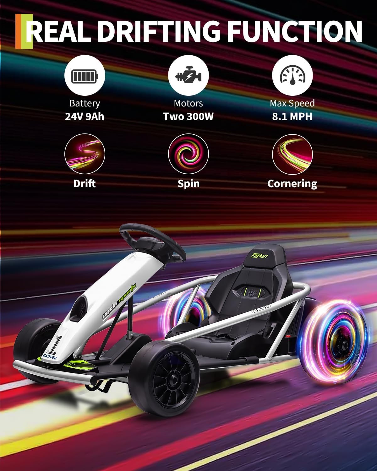 Garvee 24V Kids Go Kart,High Speed Electric Drift Kart with Music for Ages 8-12