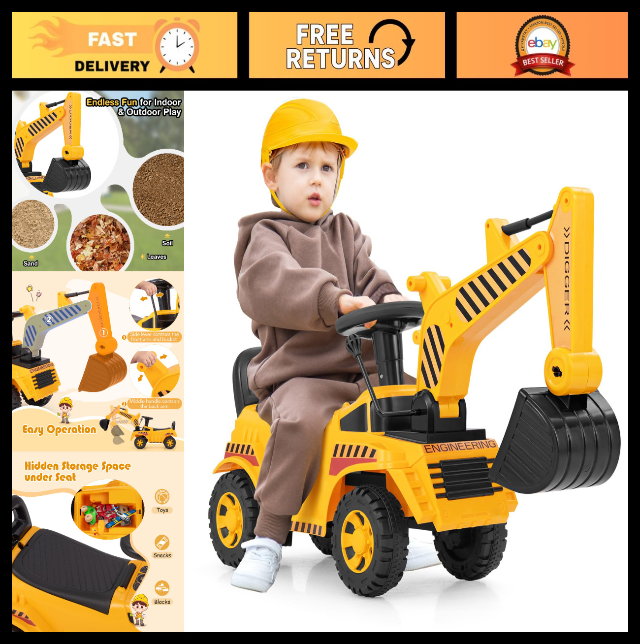 Kids Ride-On Excavator Digger Truck Toy with Working Shovel, Engine Sounds & Sto