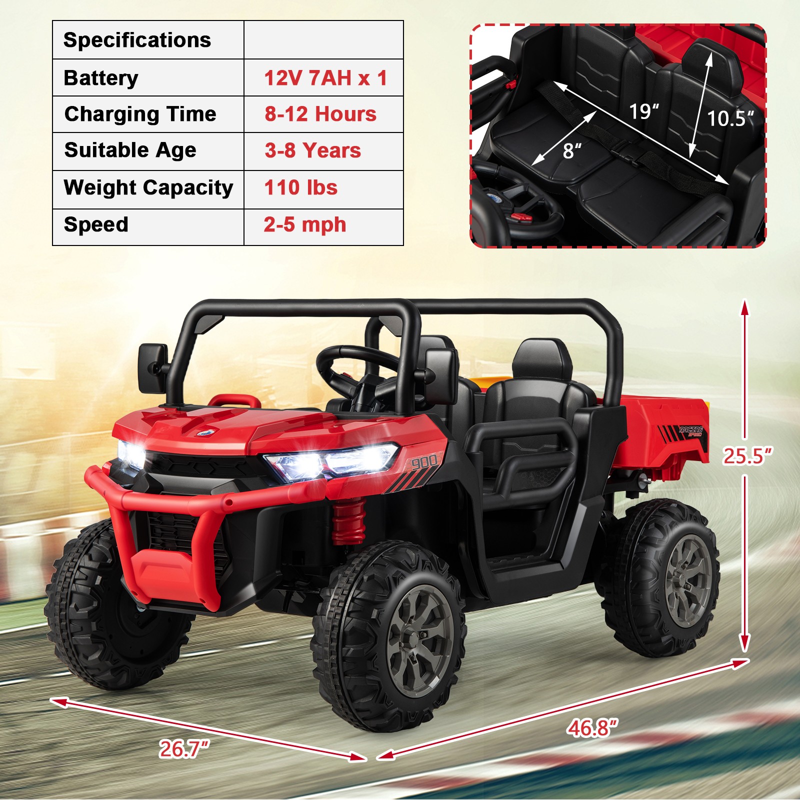 12V 2 Seater Ride On UTV Dump Truck Remote w/ Electric Dump Bed & Shovel Red