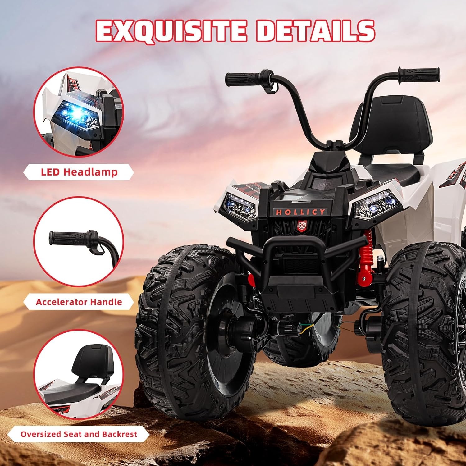 Kids Electric Quad, 2-Seater 4WD, 5MPH Max Speed with Music & LEDs for Ages 3-8