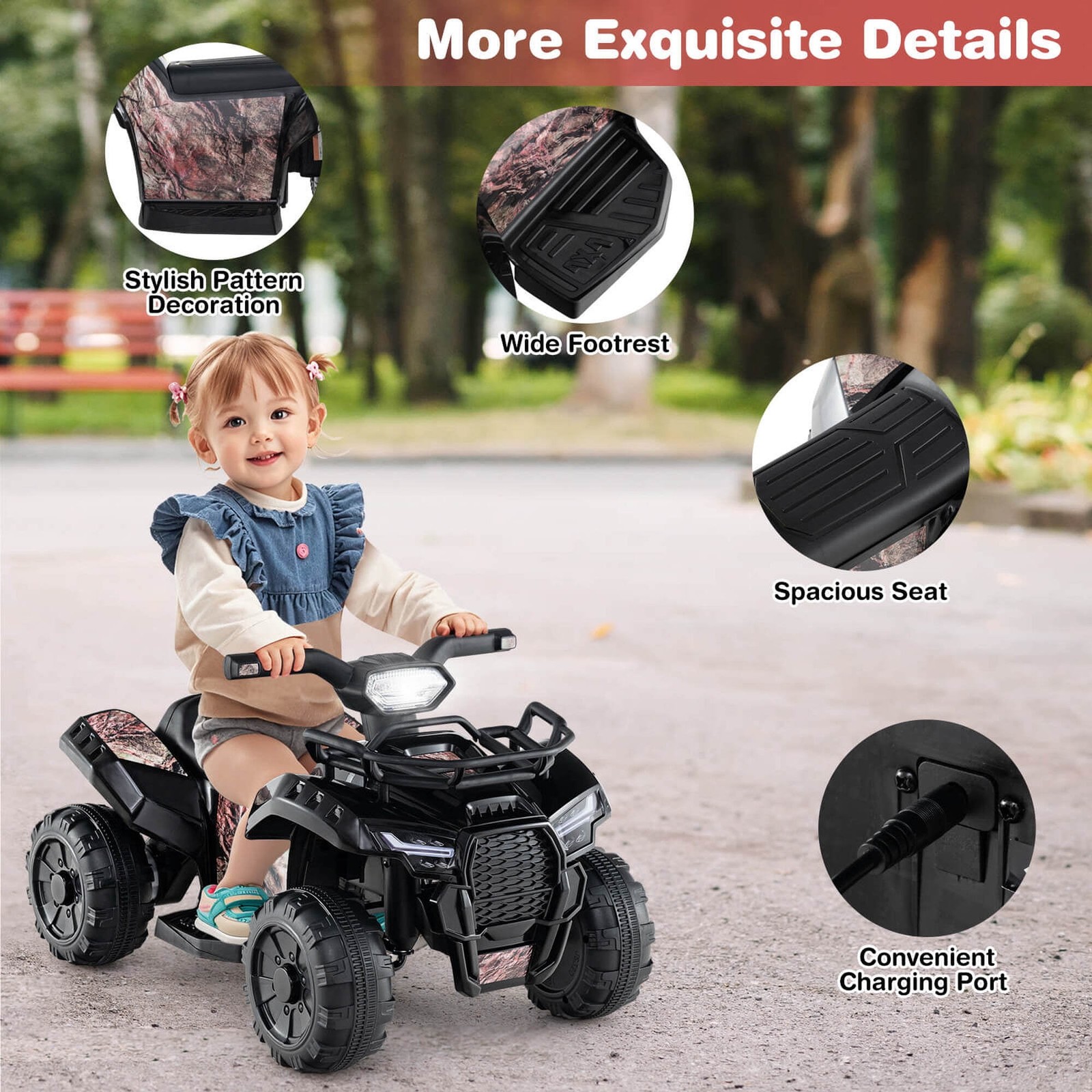 6V Electric Children Toy Car Music Story Function USB Front Storage Basket Black
