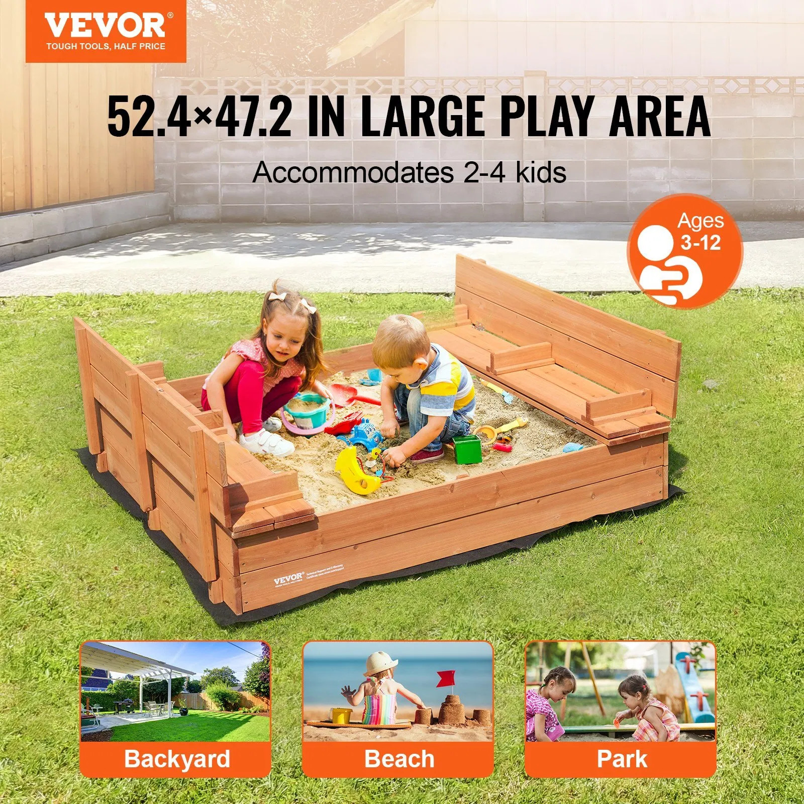 Wooden Sandbox, 52.4 x 47.2 x 16.9 in Sand Box, Sand Pit with Foldable Bench Sea
