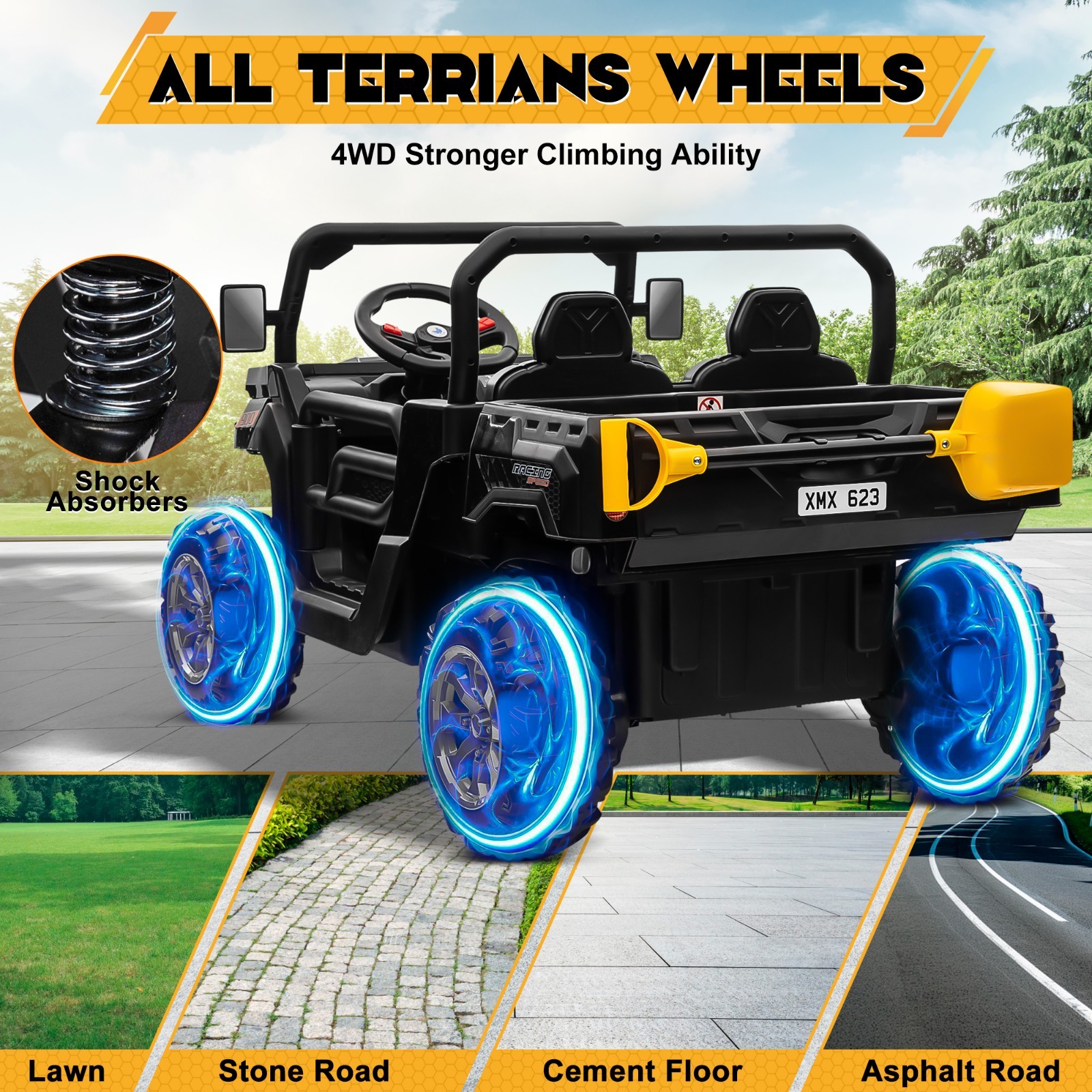 24V 4WD 2-Seat Kids Ride On Dump Truck Remote Trailer Shovel Bluetooth MP3 Black