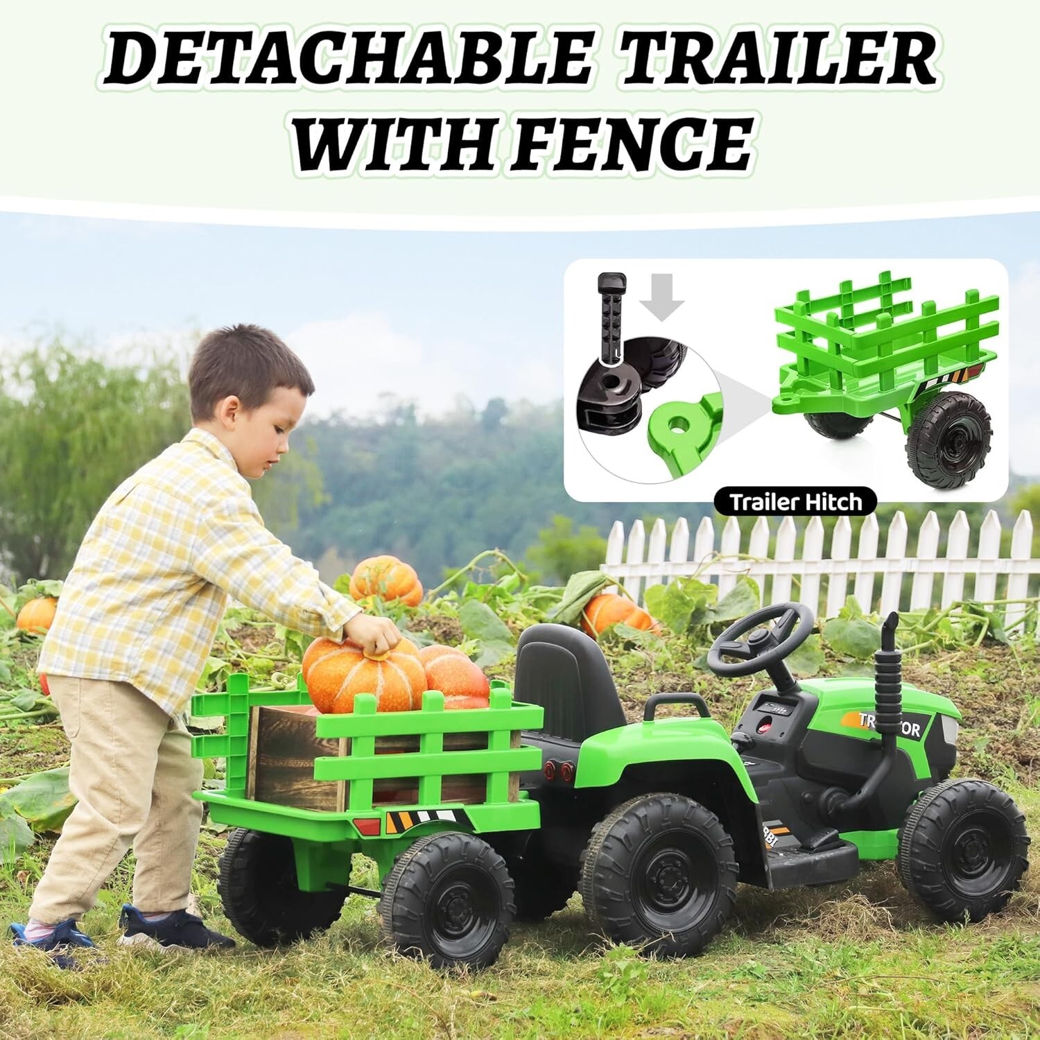 TOBBI 12V Kids Ride On Tractor Battery-Powered Toy with Trailer for Toddlers