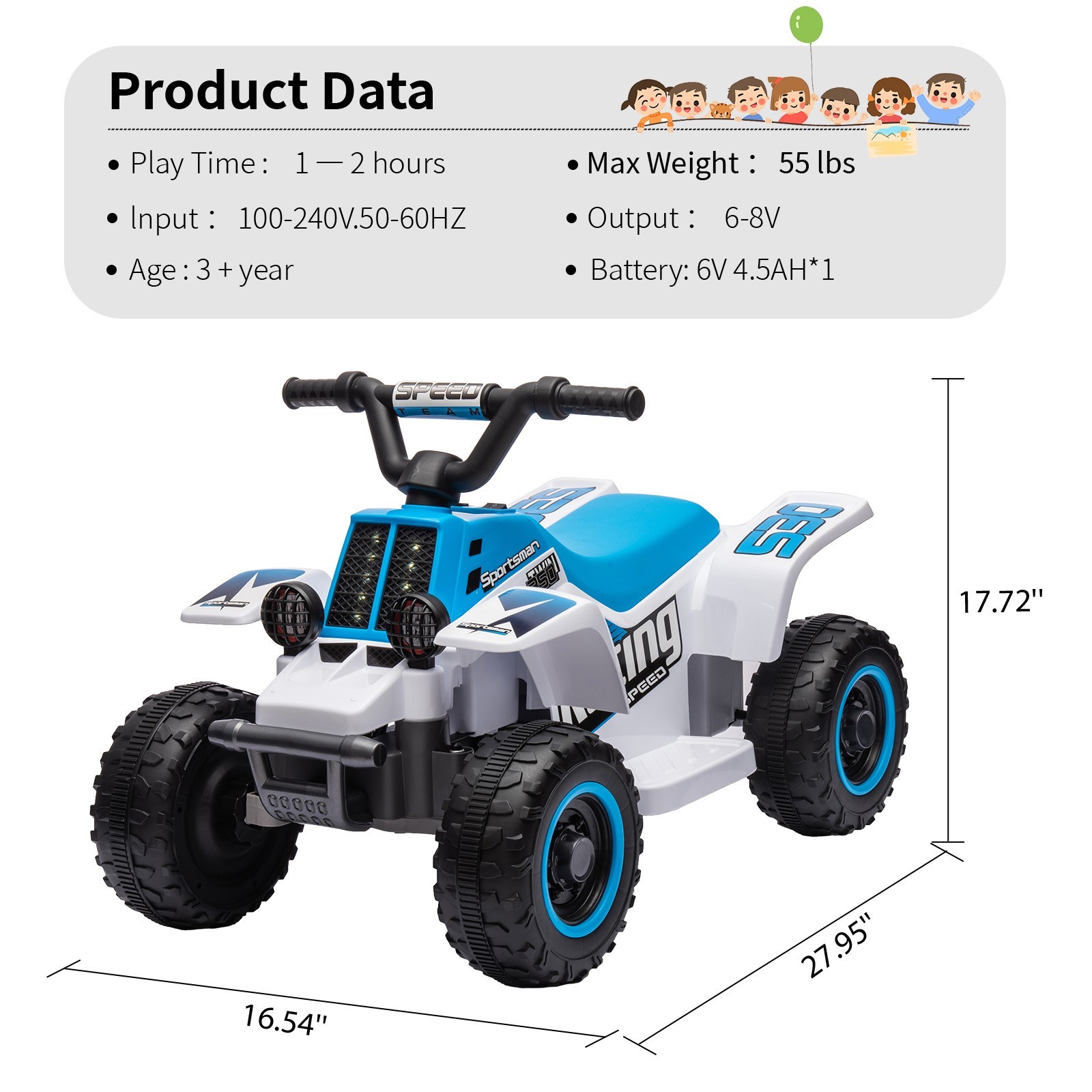 Ride On Car Toys for Kids Electric ATV Off-Road Quad with 6V Battery Powered