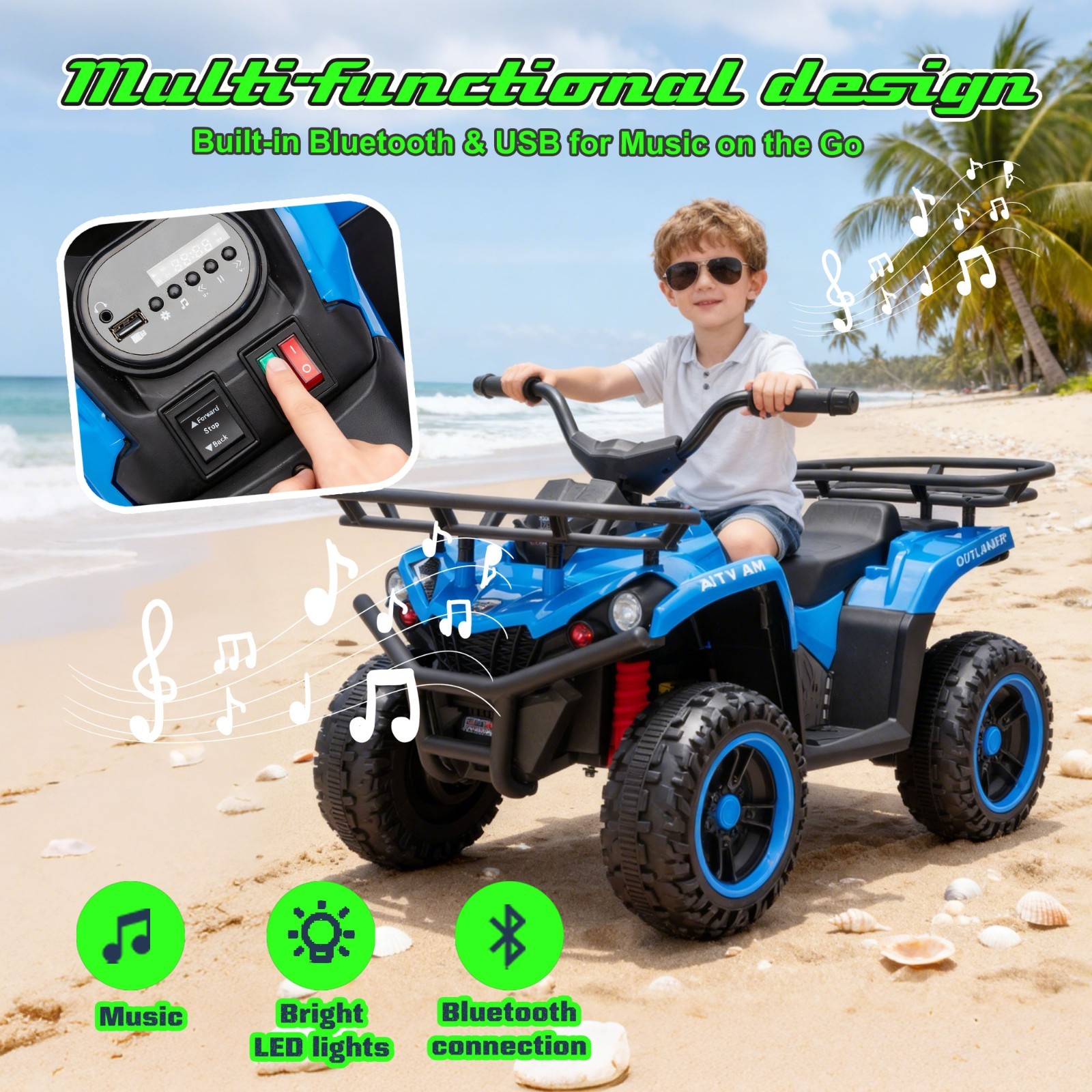 24V Kids Ride On ATV, 160W Off-Road Toys w/LED, Dual Storage Racks,Blue