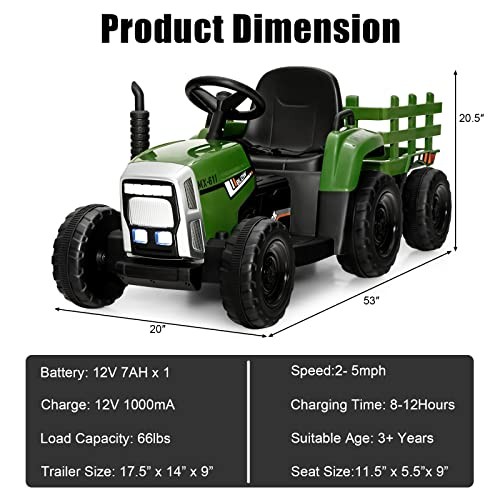 Ride on Tractor with Detachable Trailer, Kids’ Electric Dark Green 12V