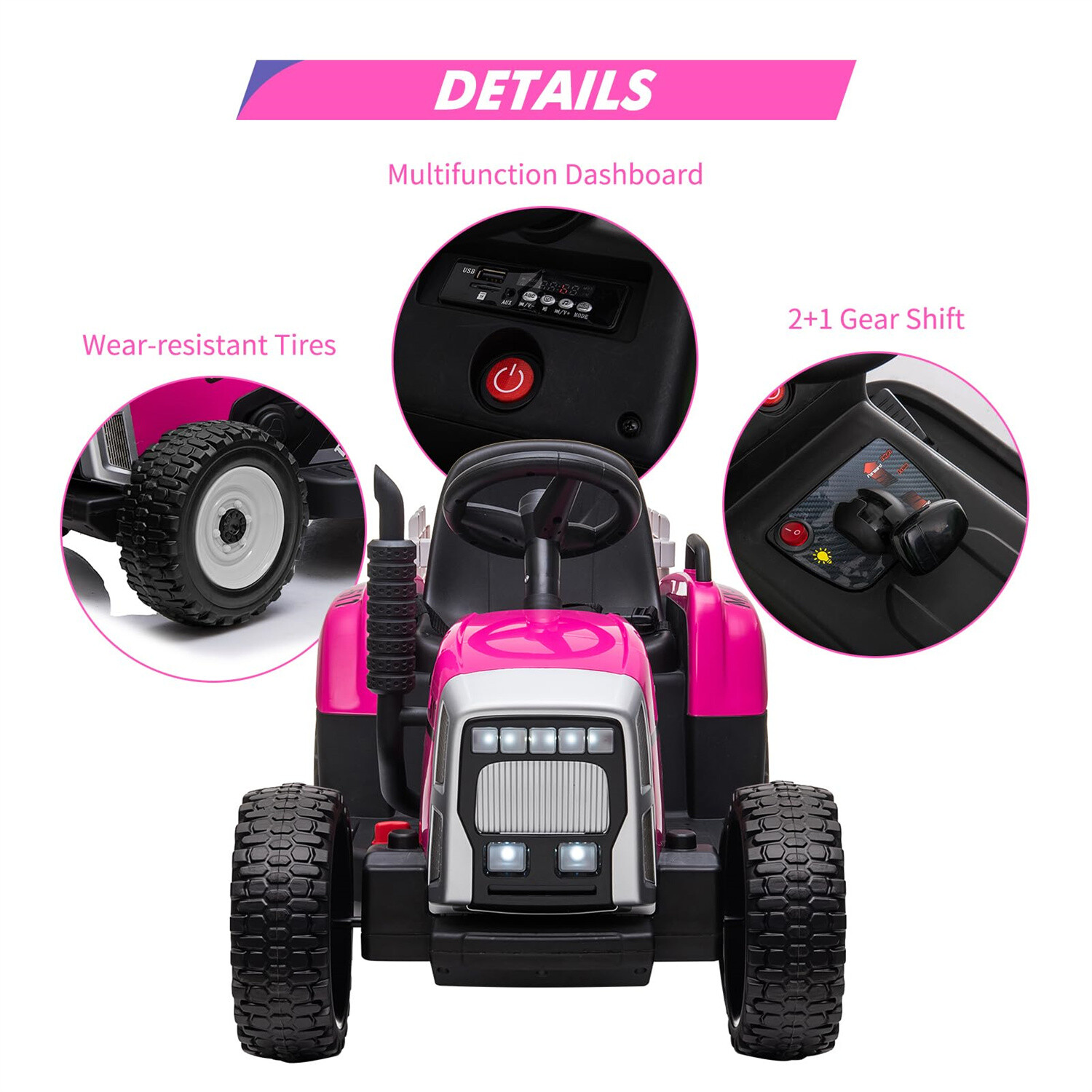 🍒Kids Ride On Tractor 12V Battery Powered Electric Tractor with Trailer Music 3