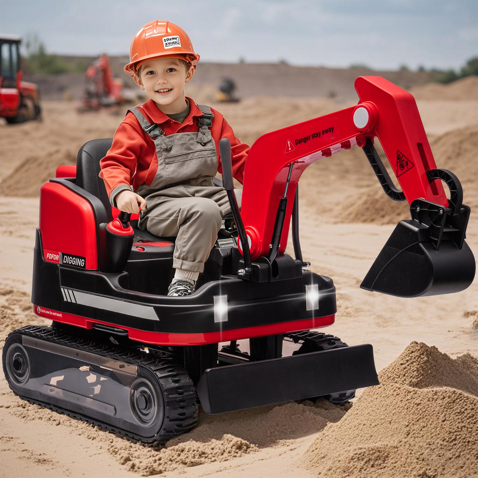 Red 2IN1 12V Battery Kids Ride On Excavator+Bulldozer 360°,3 Speeds,Music,Remote