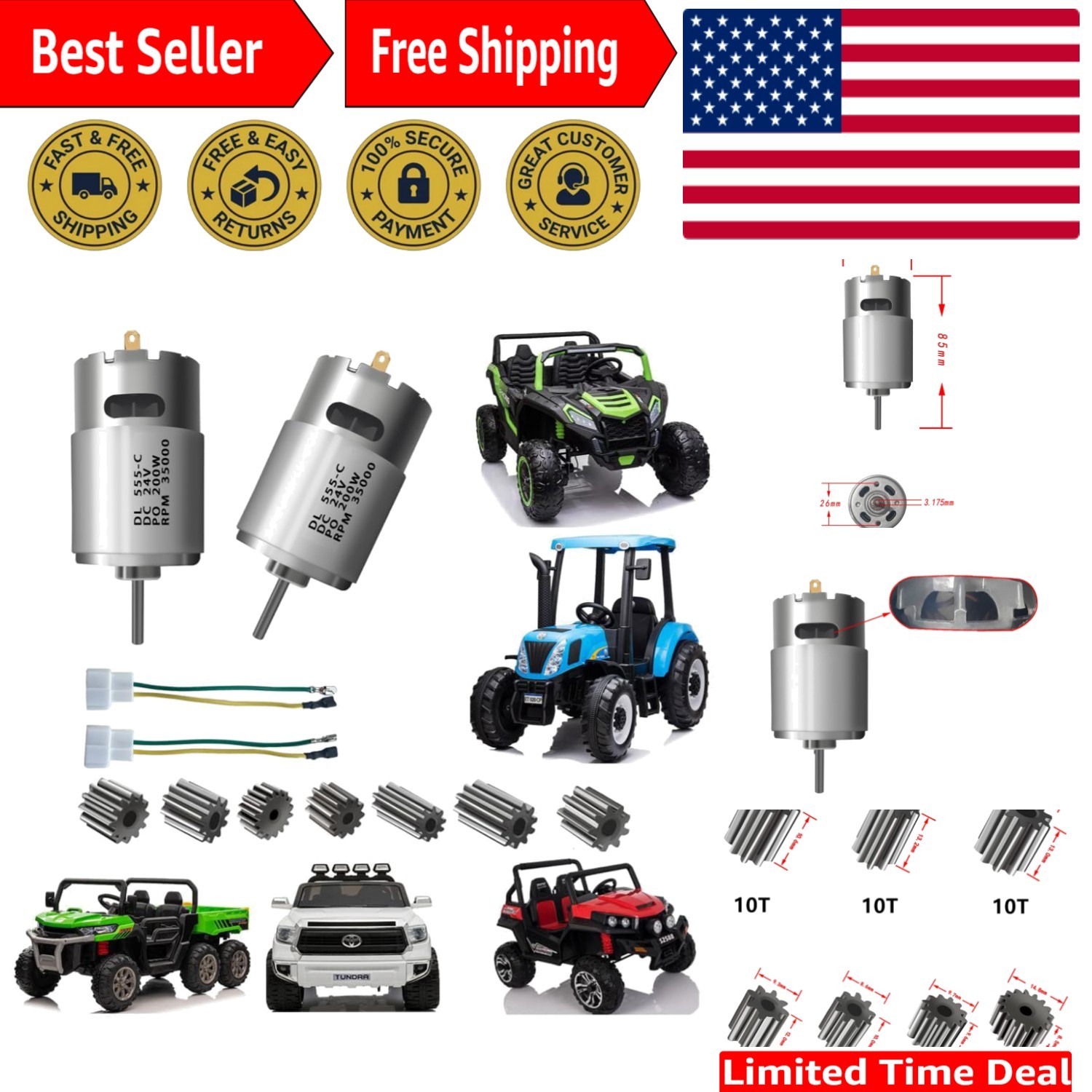 High-Speed 35000RPM 24V RS555 Motors – Dual Voltage for Power Wheels Upgrade