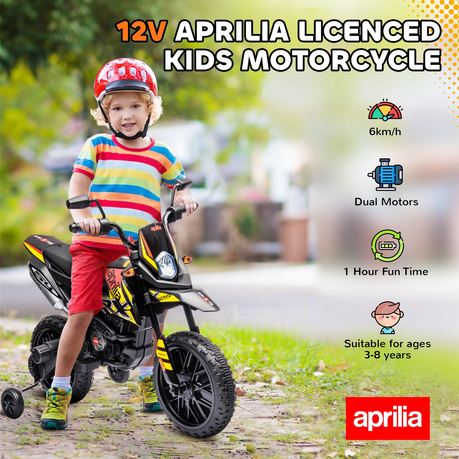 12V Aprilia Licenced Kids Motorcycle Removable Training Wheel Shock Absorber